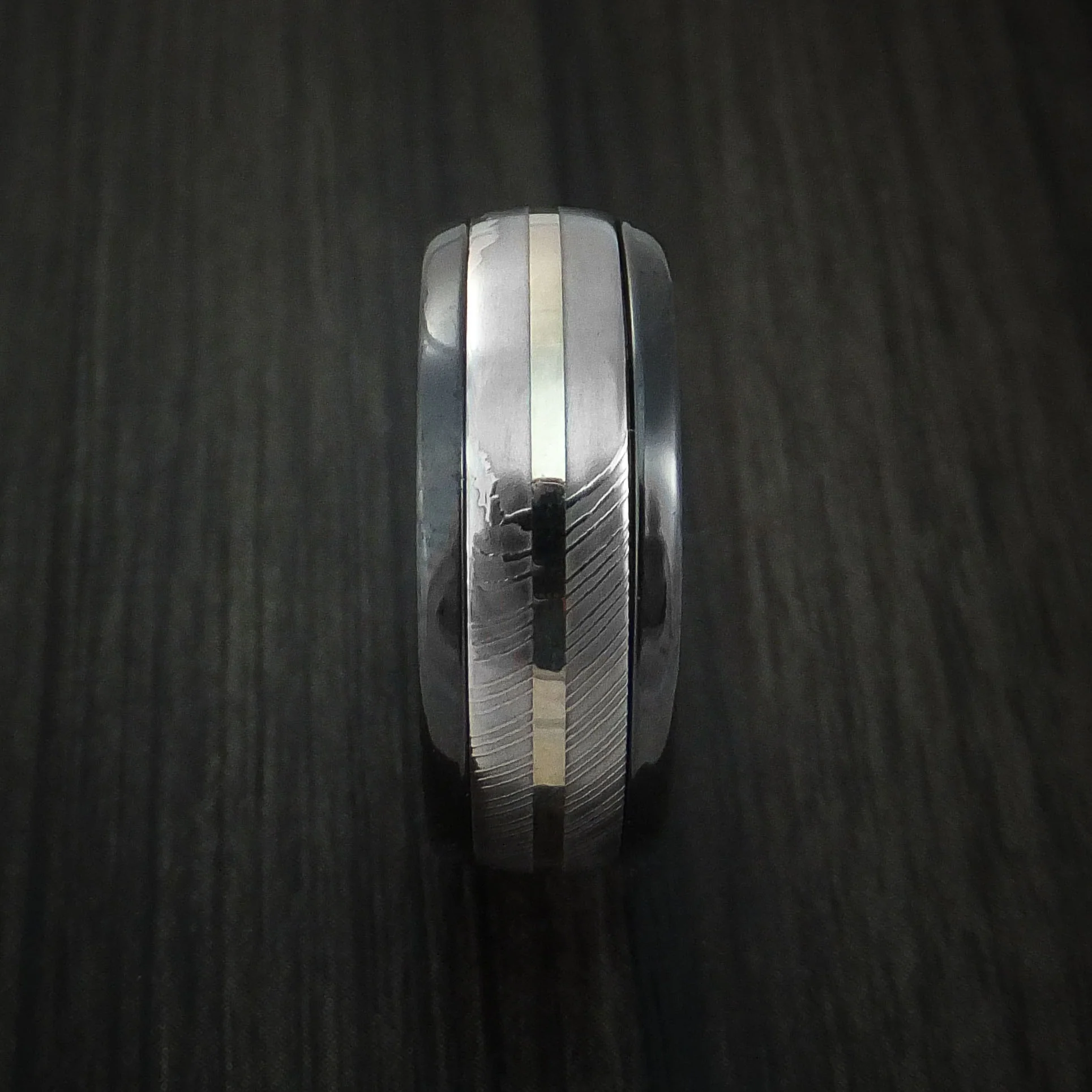 Black Zirconium and Damascus Steel Band 14K White Gold Center Custom Made Men's Ring - Image 3