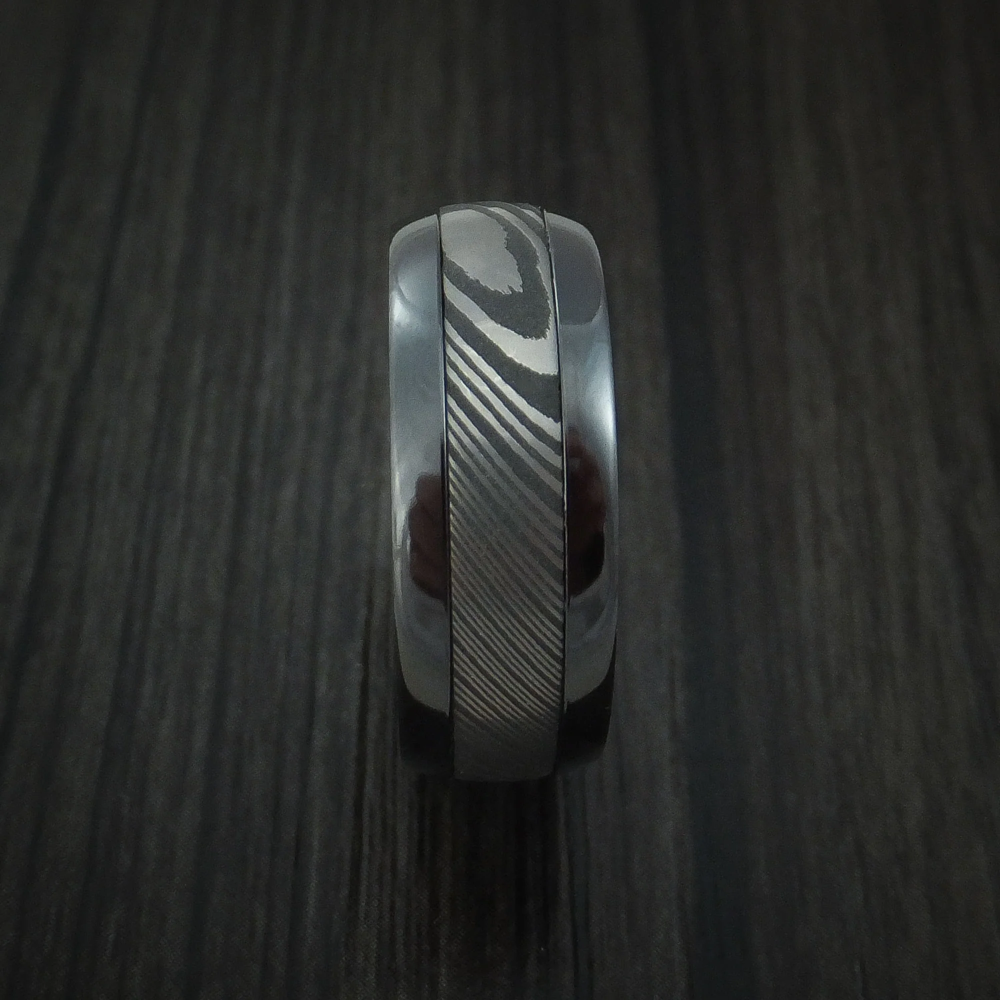 Black Zirconium and Damascus Steel Band with Vintage Green Cerakote Sleeve Custom Made Men's Ring - Image 3