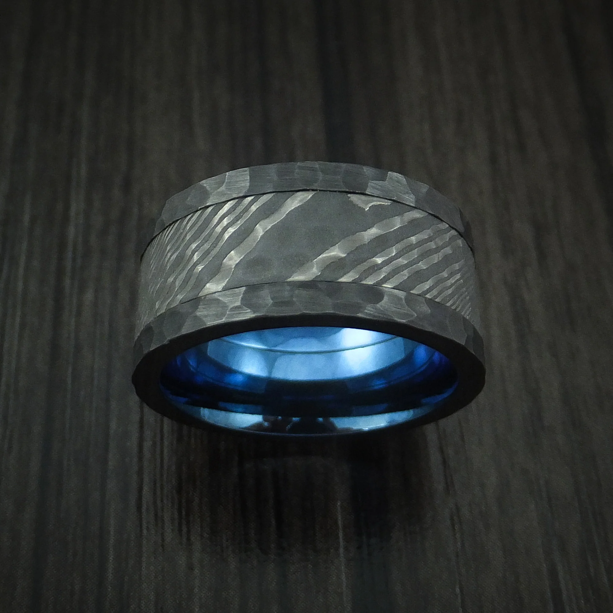 Black Zirconium and Damascus Steel Hammered Men's Ring with Anodized Sleeve Custom Made - Image 2