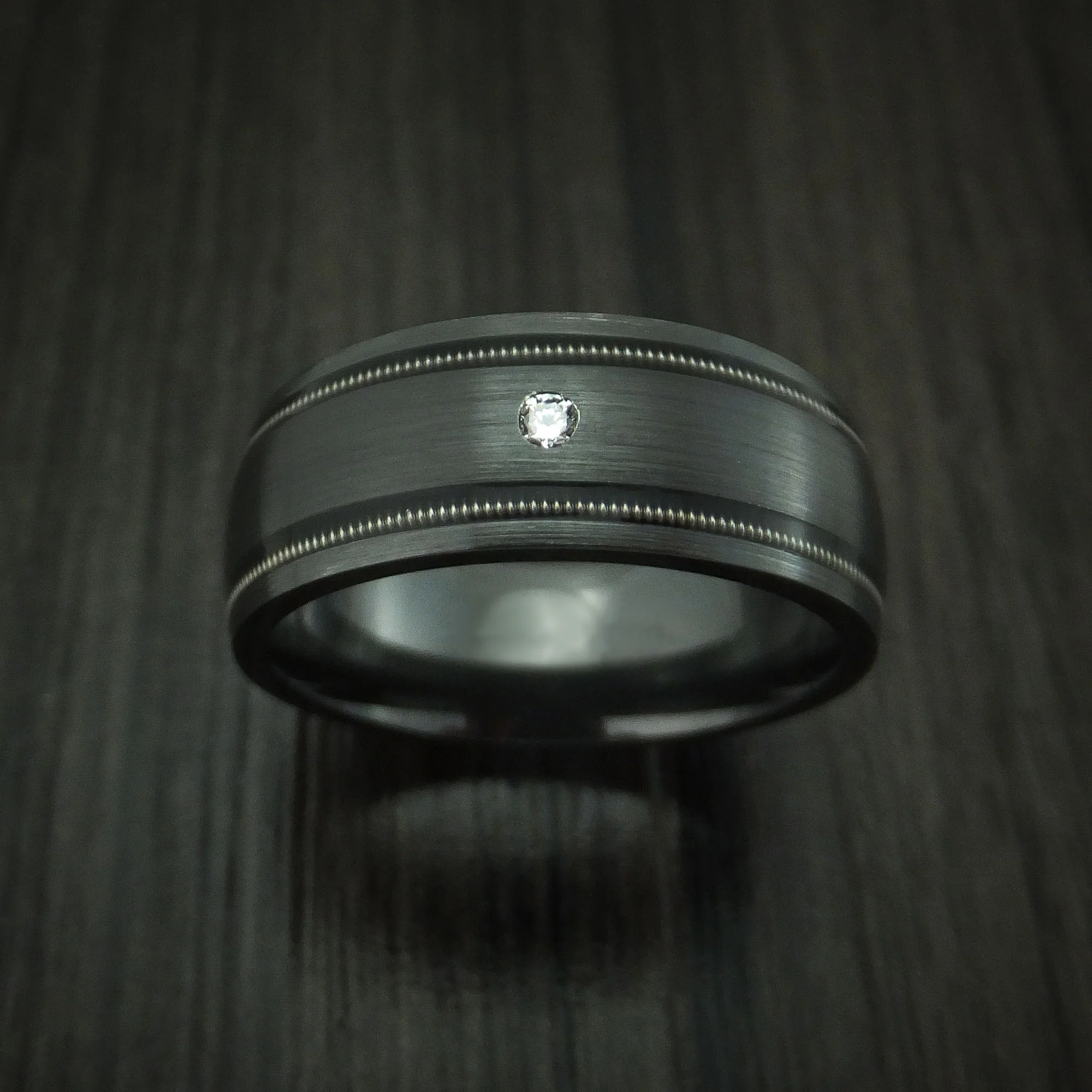 Black Zirconium and Diamond Men's Ring with Guitar String Inlays Custom Made Band - Image 2