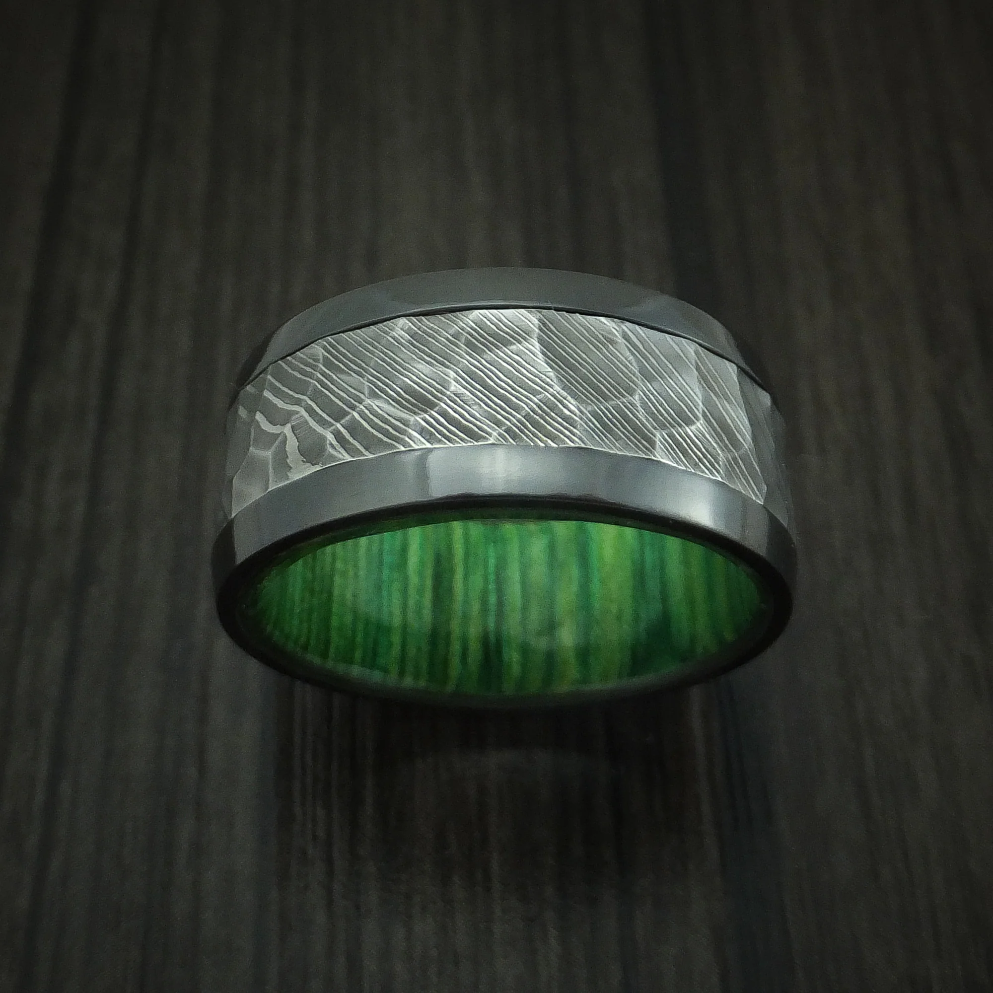 Black Zirconium and Hammered Damascus Steel Band with Hardwood Sleeve Custom Made Men's Ring - Image 2