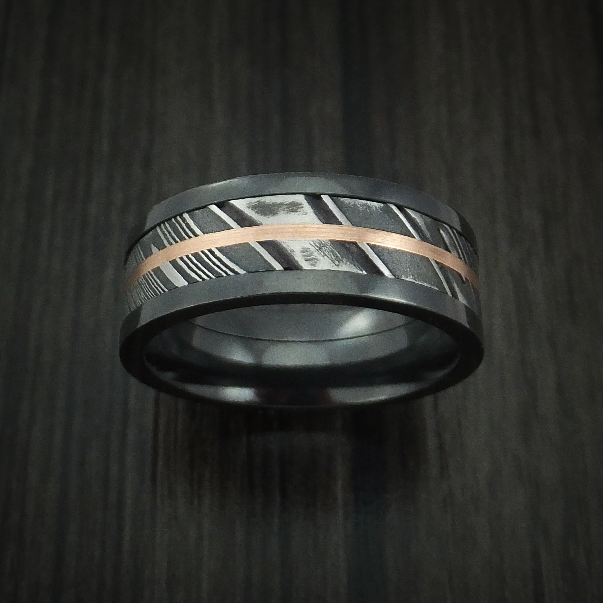 Black Zirconium and Woodgrain Kuro Damascus Steel Band 14K Rose Gold Center Custom Made Men's Ring - Image 2