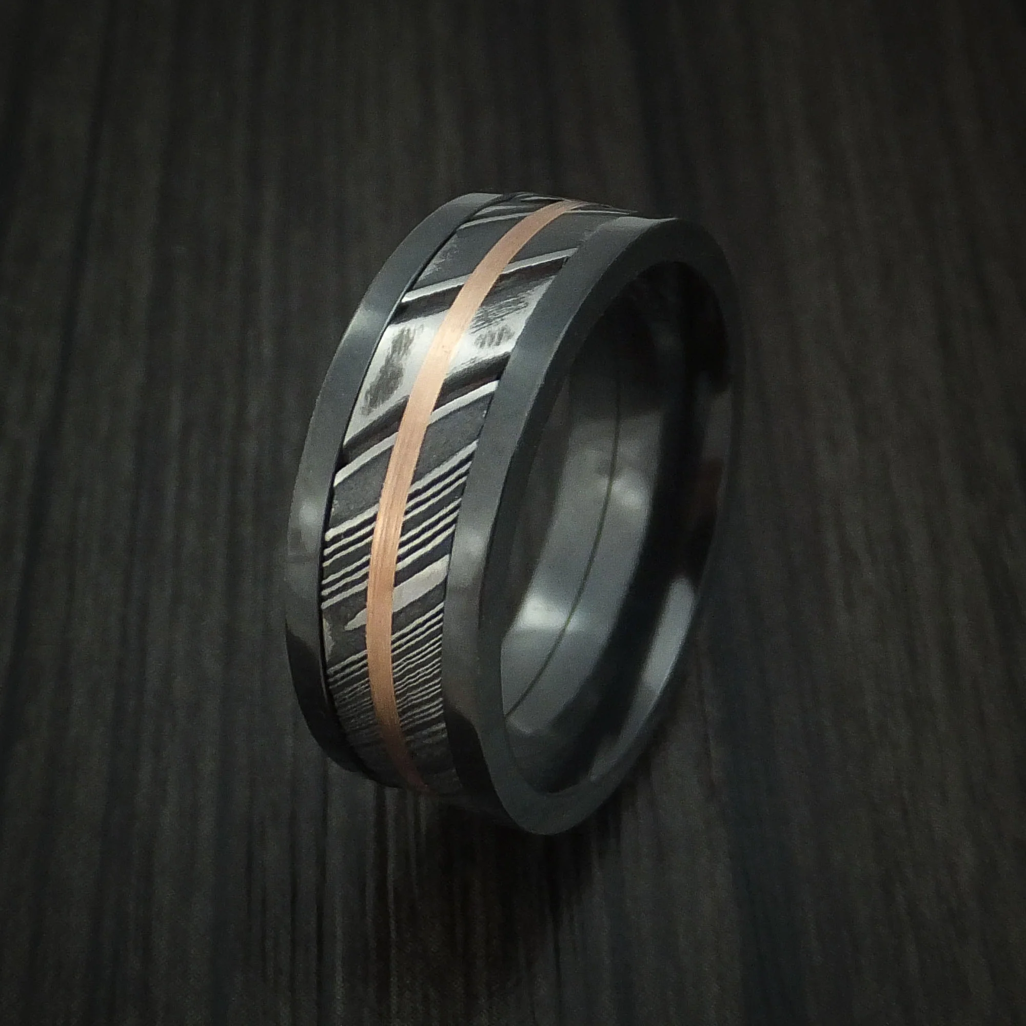 Black Zirconium and Woodgrain Kuro Damascus Steel Band 14K Rose Gold Center Custom Made Men's Ring - Image 4