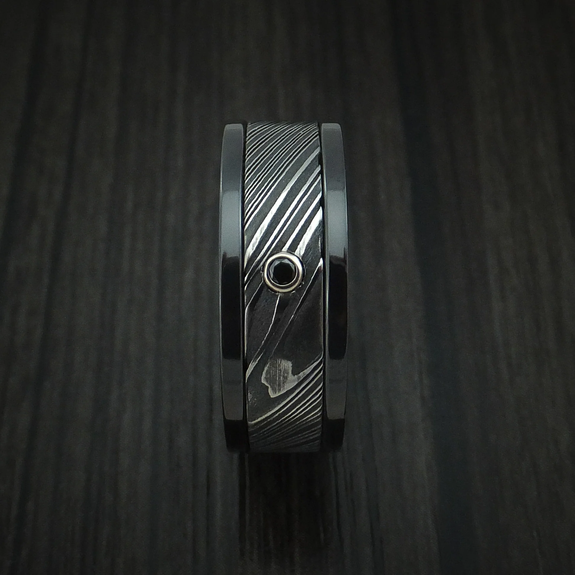 Black Zirconium and Woodgrain Kuro Damascus Steel Band with Black Diamond Custom Made Men's Ring - Image 3