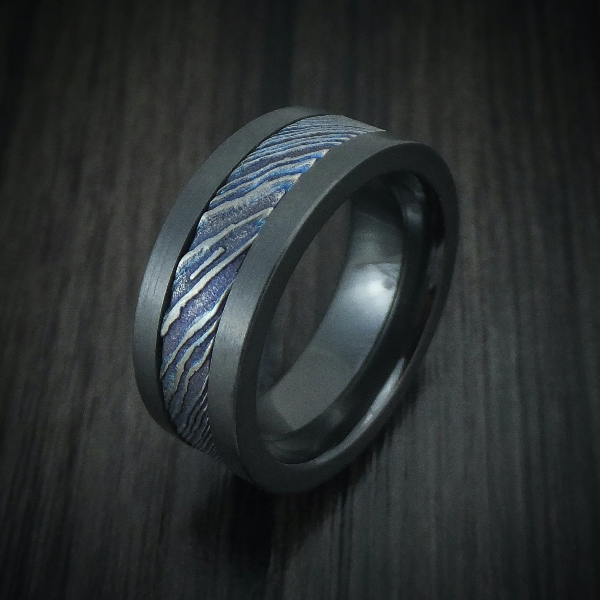 Black Zirconium and Kuro-Ti Heat-Treated Titanium Damascus Men's Ring Custom Made Band - Image 4
