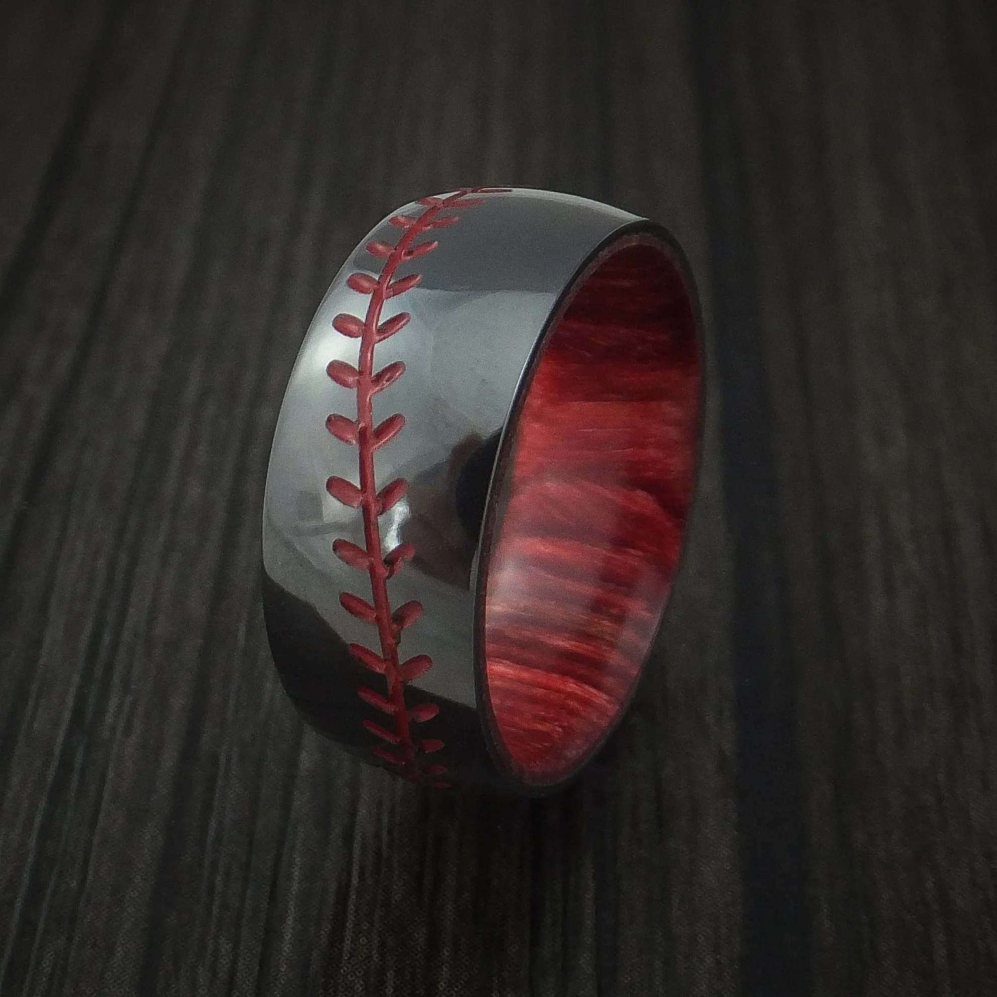 Black Zirconium Baseball Stitch Men's Ring with Custom Color and Hardwood Sleeve - Image 4