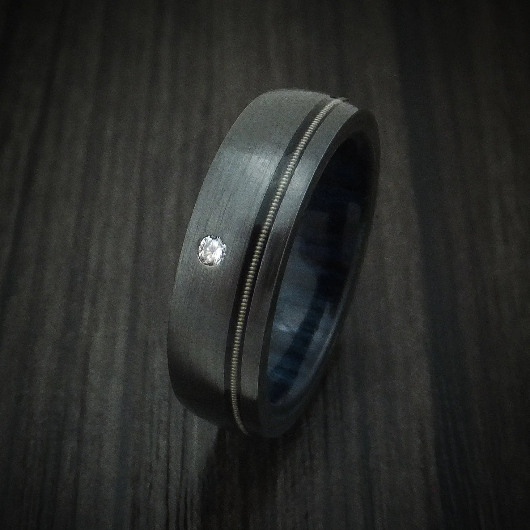 Black Zirconium Guitar String Men's Ring with Diamond and Wood Sleeve Custom Made - Image 4