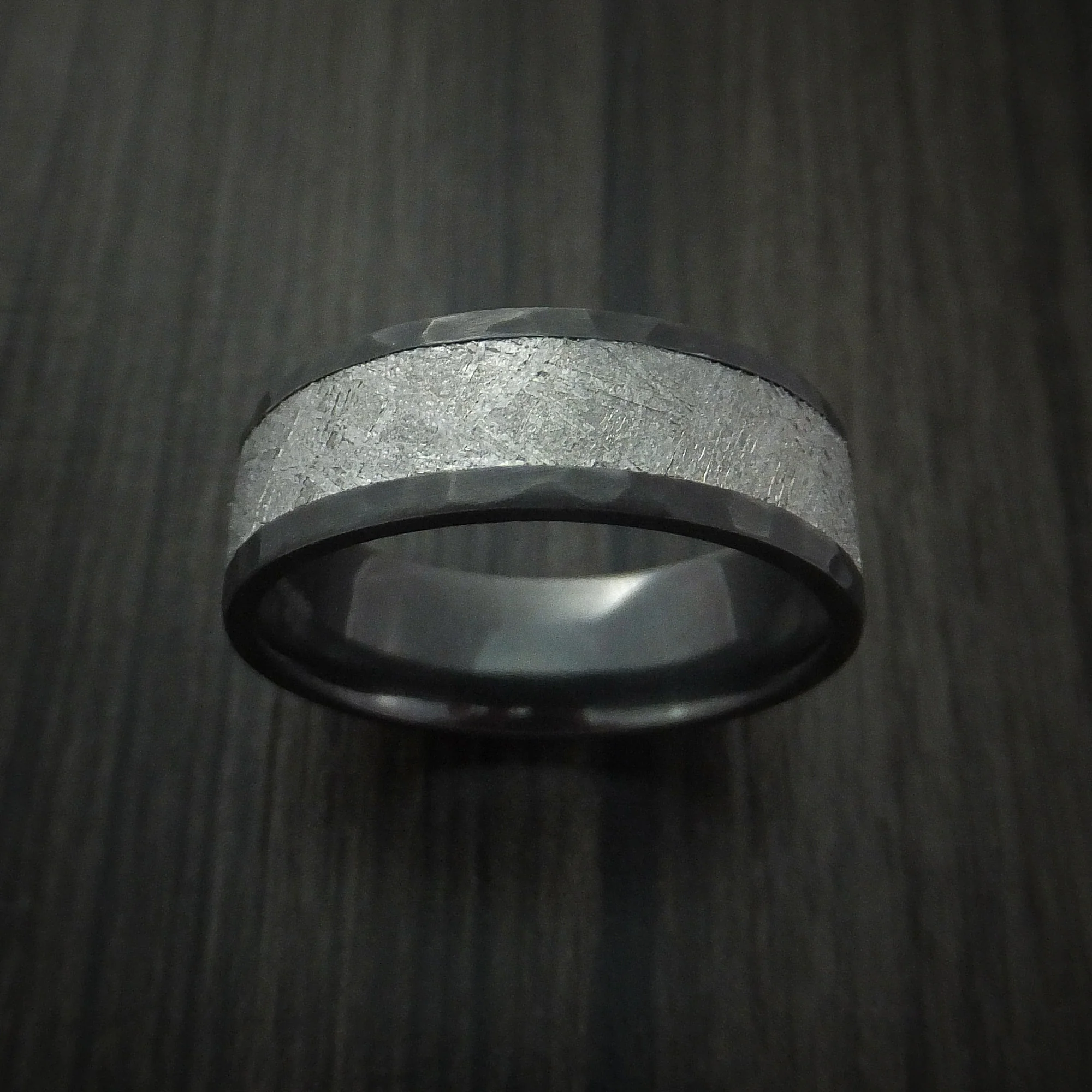Black Zirconium Hammered Men's Ring with Gibeon Meteorite Inlay Custom Made - Image 2