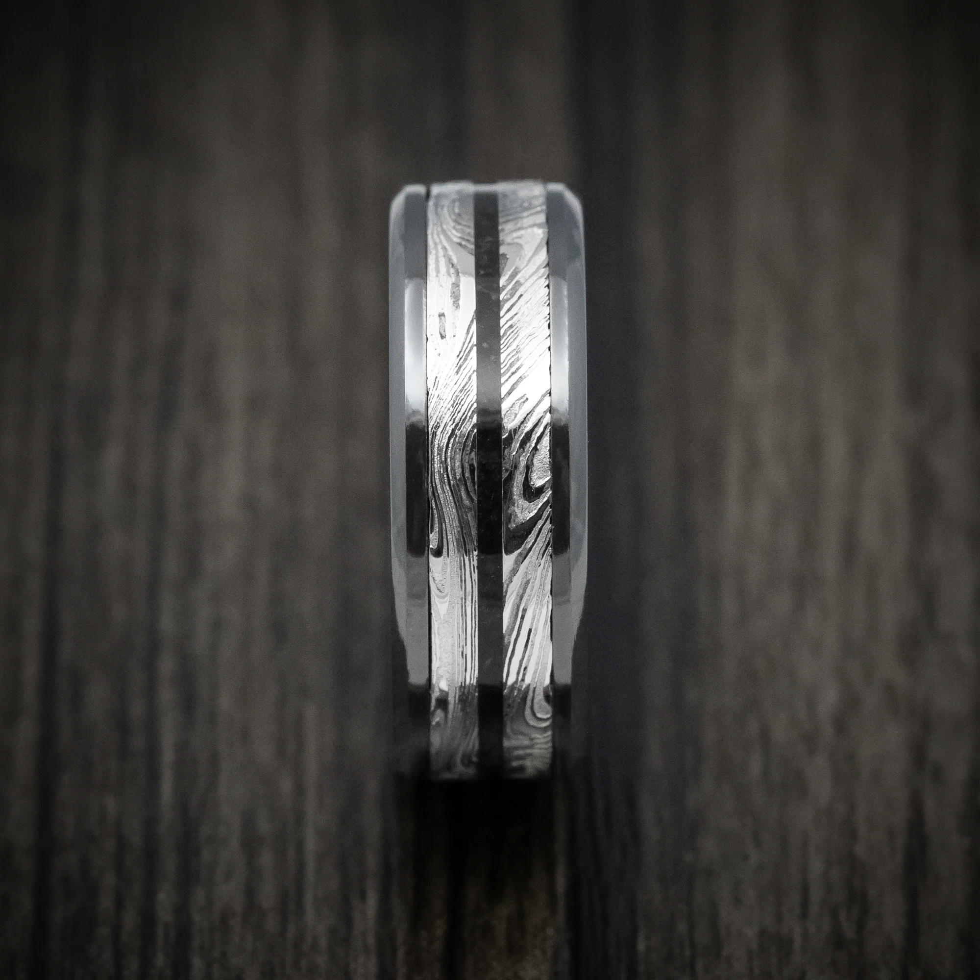 Black Zirconium Men's Ring with Marble Kuro Damascus Steel and Onyx Stone Inlay Custom Made - Image 3
