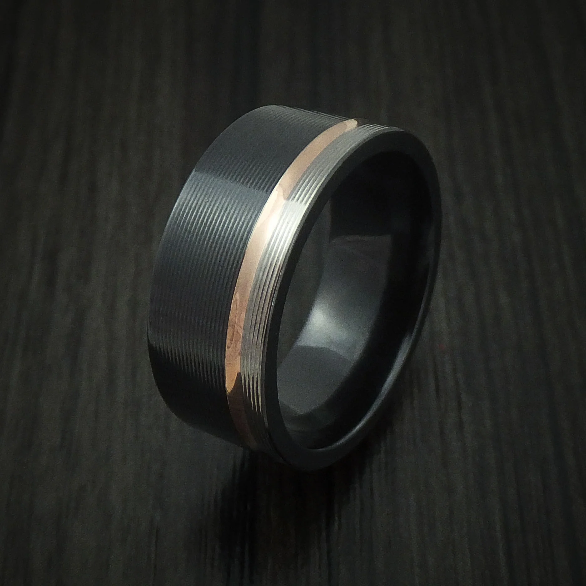 Black Zirconium Men's Ring with 14k Rose Gold Inlay Custom Made Band - Image 4