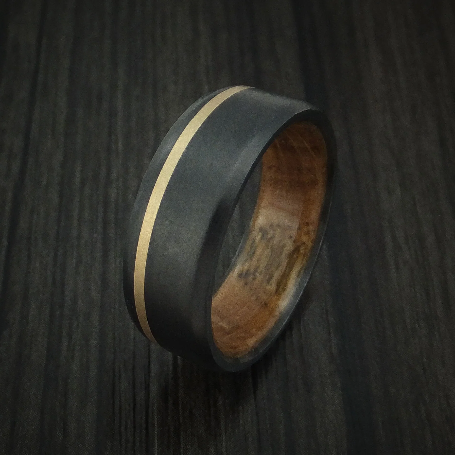 Black Zirconium Men's Ring with 14K Yellow Gold Inlay and Hardwood Sleeve - Image 4