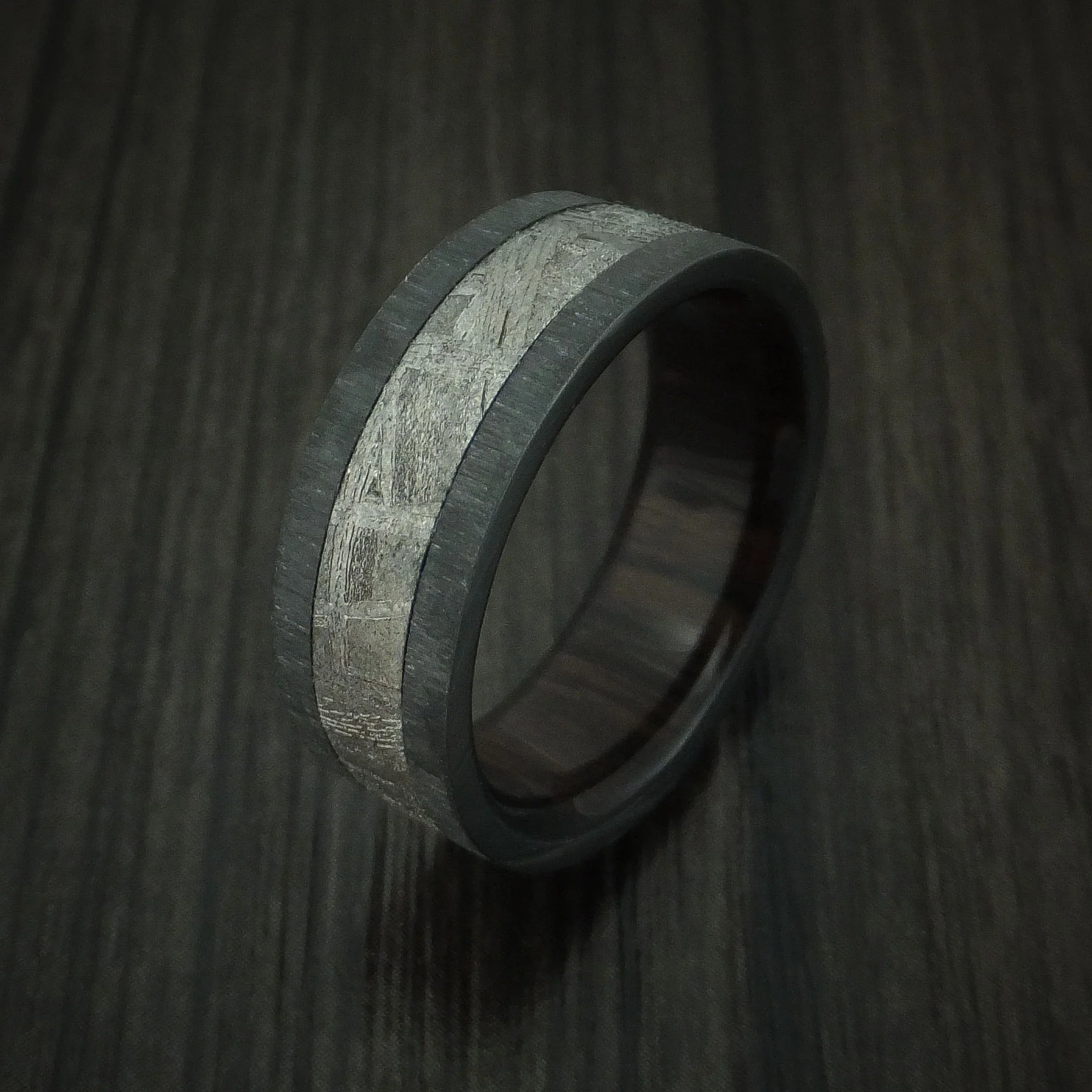 Black Zirconium Men's Ring with Gibeon Meteorite and Hardwood Sleeve Custom Made Band - Image 4