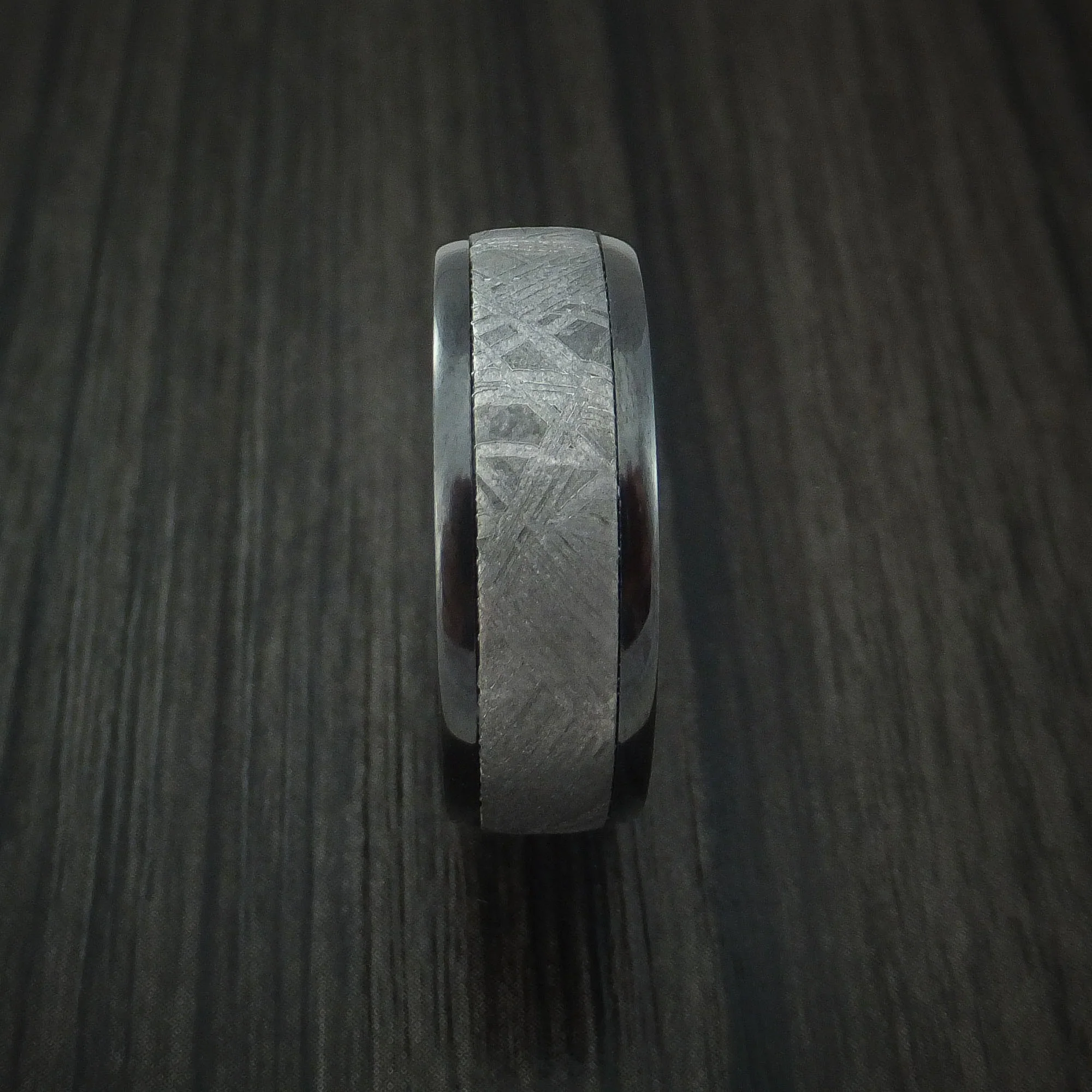 Black Zirconium Men's Ring with Gibeon Meteorite and Hardwood Sleeve Custom Made Band - Image 3