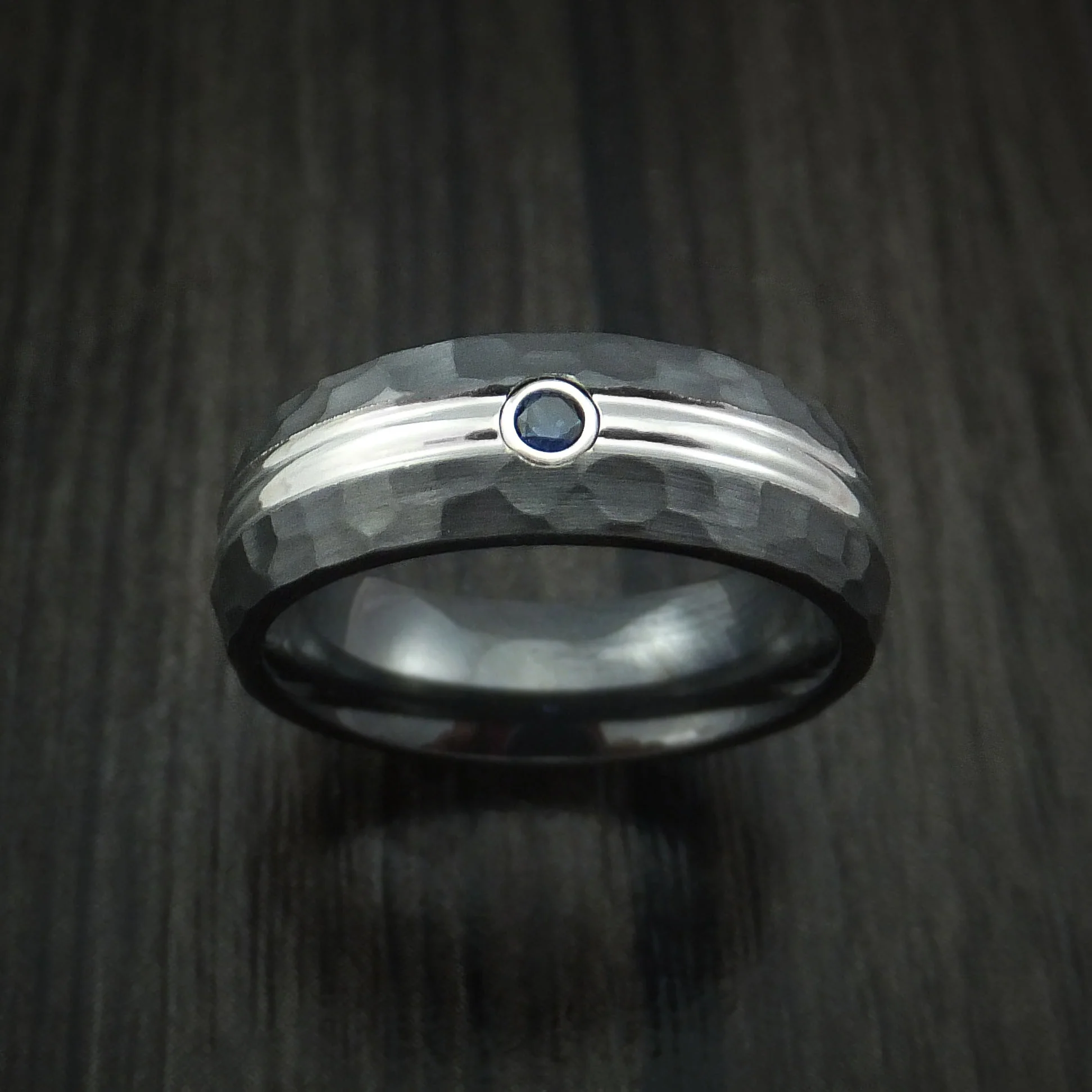 Black Zirconium Men's Ring with Sapphire and Hammer Finish Custom Made Band - Image 2