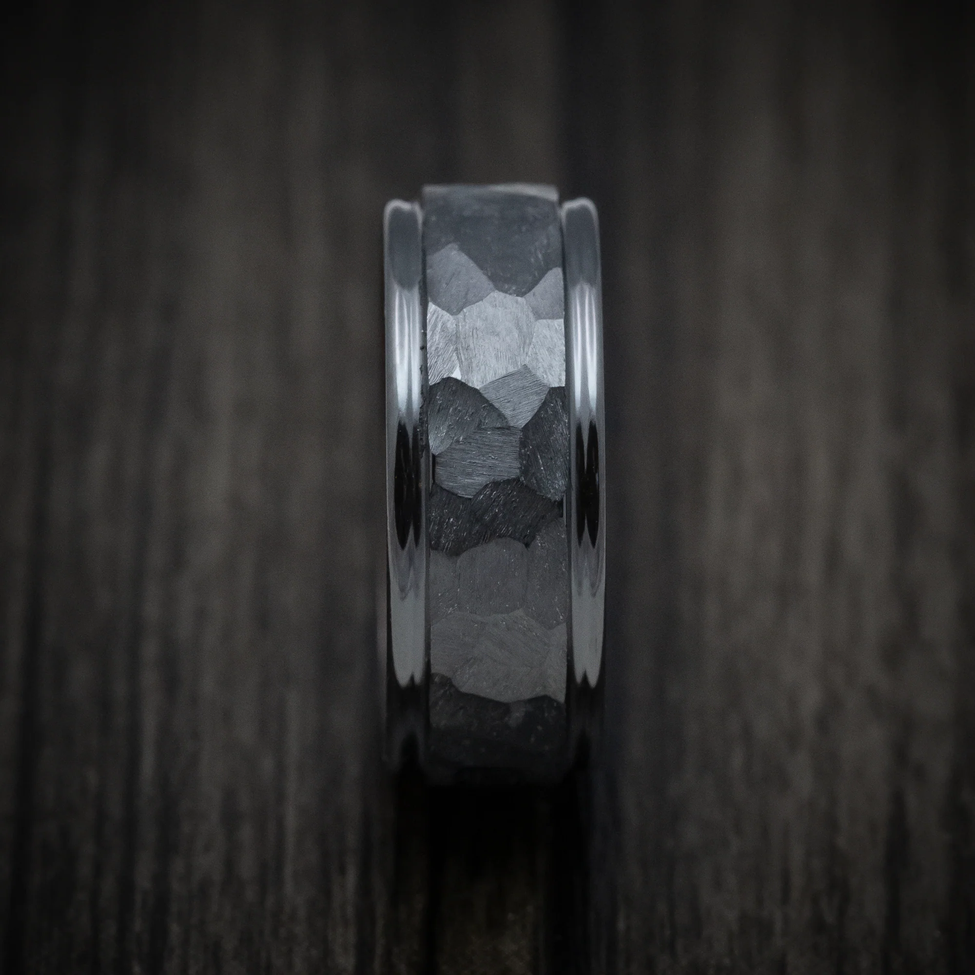 Black Zirconium Rock Finish Band with Wood Sleeve Custom Made Men's Ring - Image 3