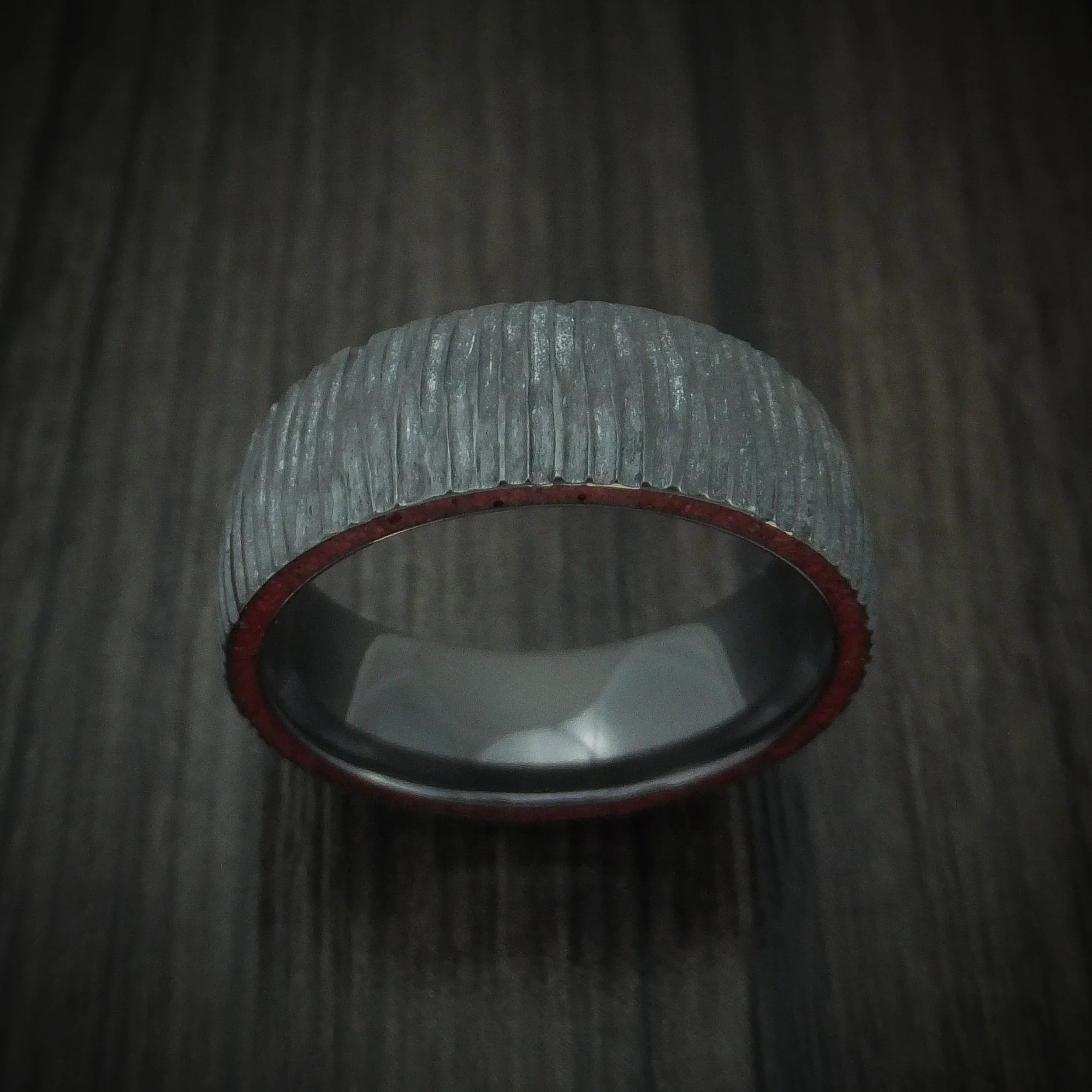 Black Zirconium Tree Bark Finish Men's Ring with Edge Stone Inlays - Image 2