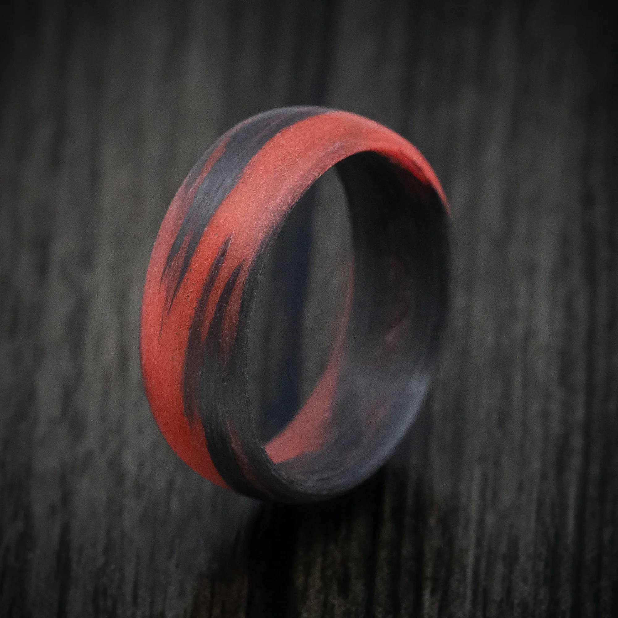 Carbon Fiber Men's Ring with Red Glow Marbled Design - Image 4