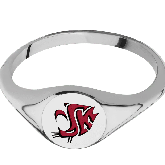 Circle Titanium Signet Ring / Polish Ring Finish and Polish Signet Finish / Washington State Cougar Head Design with Crimson Cerakote / Size 8.5 - Image 3