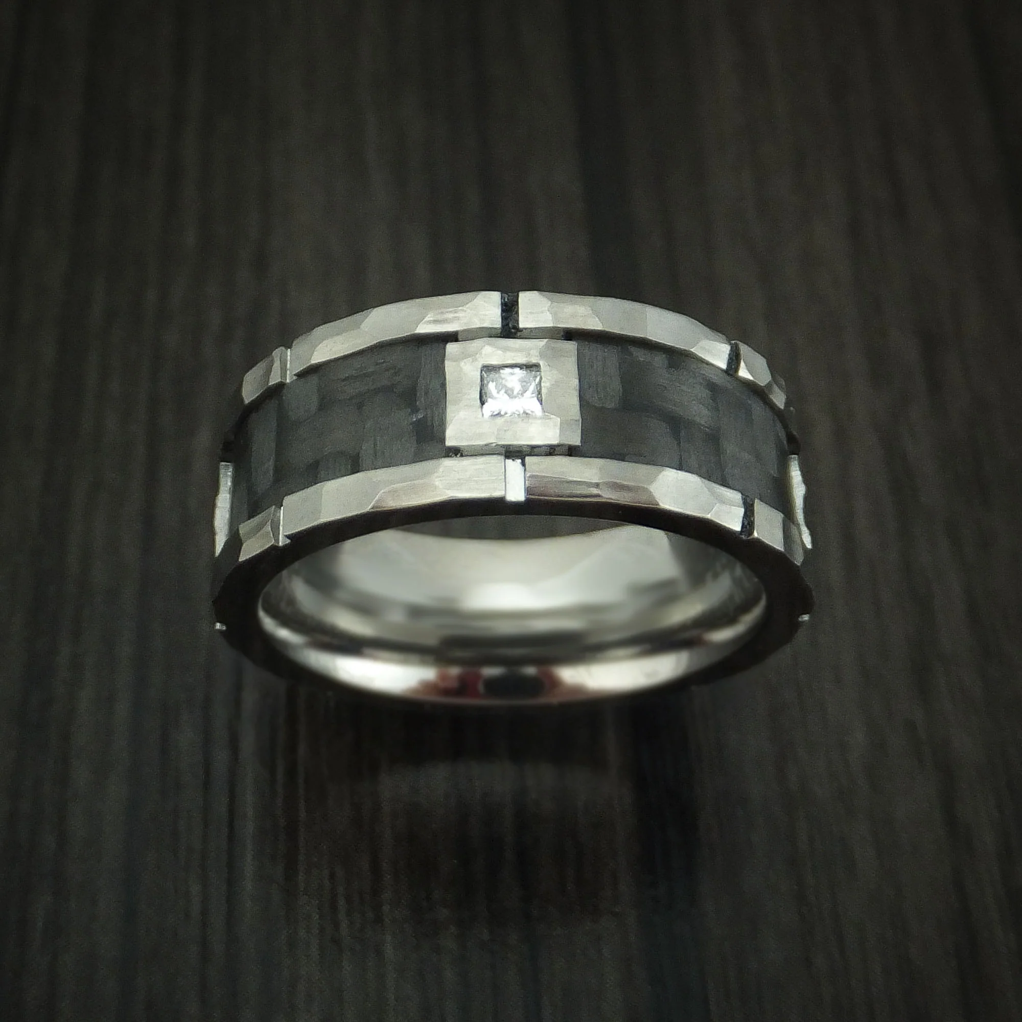 Cobalt Chrome Hammered Men's Ring with Carbon Fiber Inlay and Diamond Custom Band - Image 2