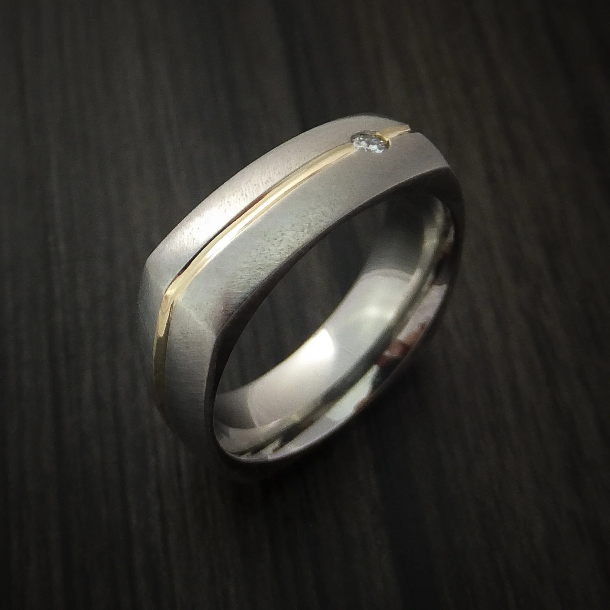 Cobalt Chrome Square Band with 14K Yellow Gold Inlay and Diamond Custom Made Men's Ring - Image 4