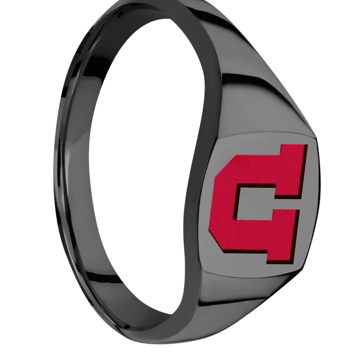 Cushion Black Zirconium Signet Ring / Polish Ring Finish and Polish Signet Finish / Utah Block U Design with Utah Red Cerakote / Size 8.5 - Image 2