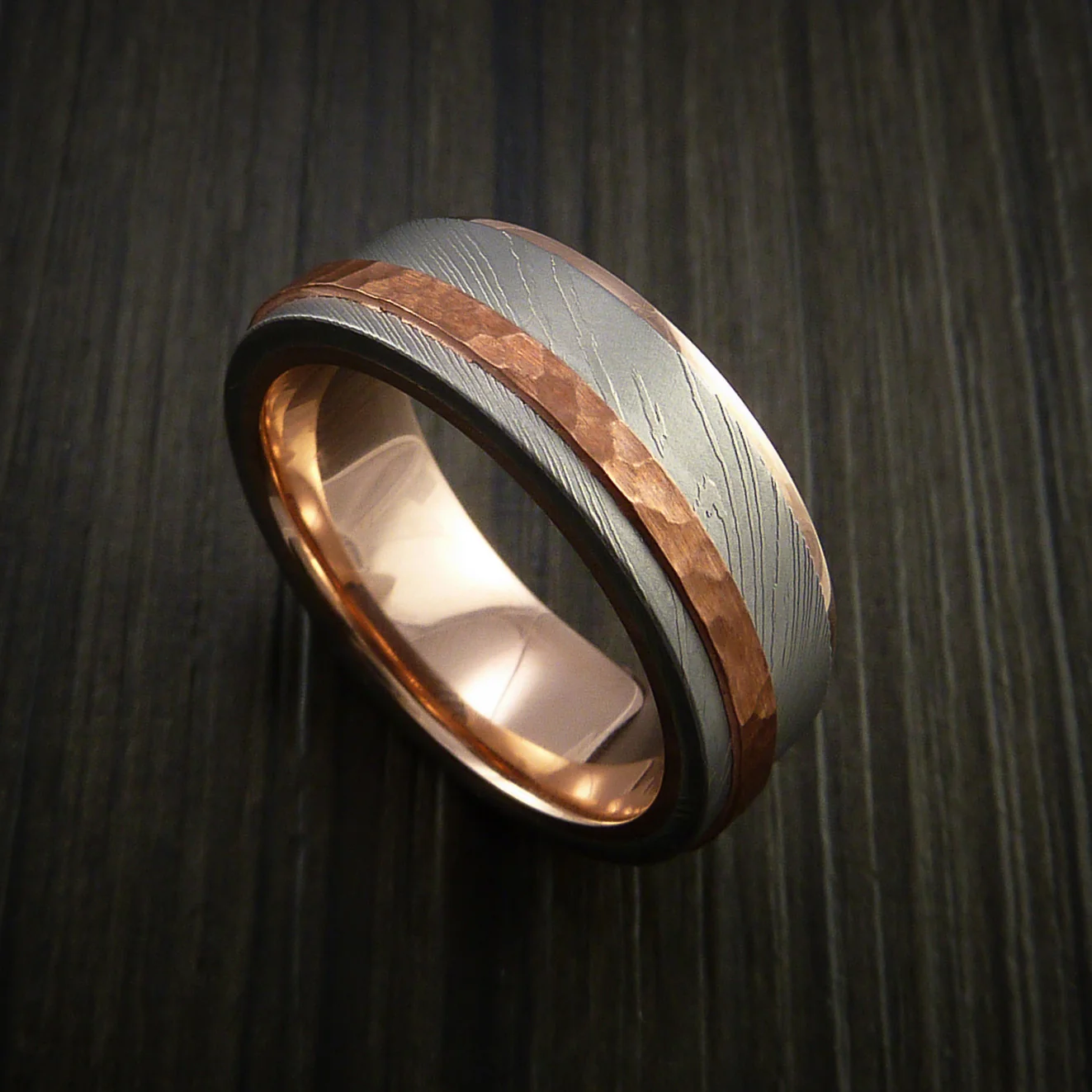 Damascus Steel 14K Gold Men's Ring with Hammered Copper Inlay - Image 5