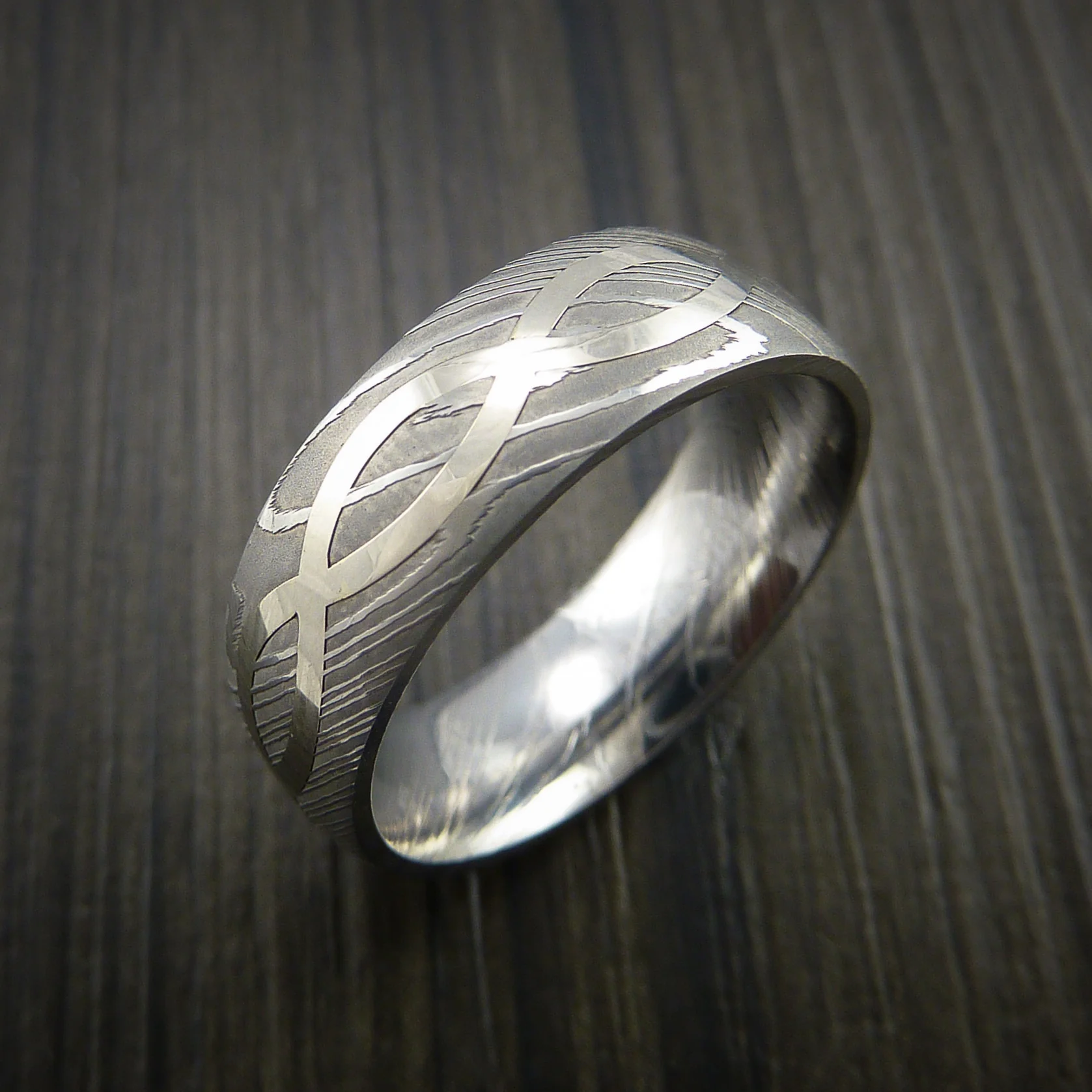Damascus Steel 14K White Gold Celtic Knot Men's Ring Infinity Design Wedding Band - Image 4