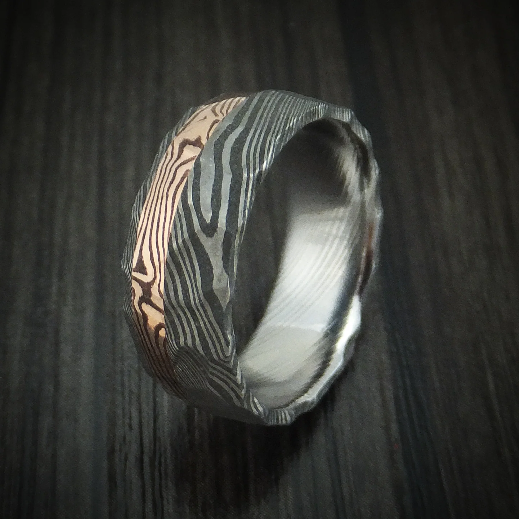 Damascus Steel And 14K Rose Gold Mokume Shakudo Rock Hammered Men's Band Custom Made - Image 4
