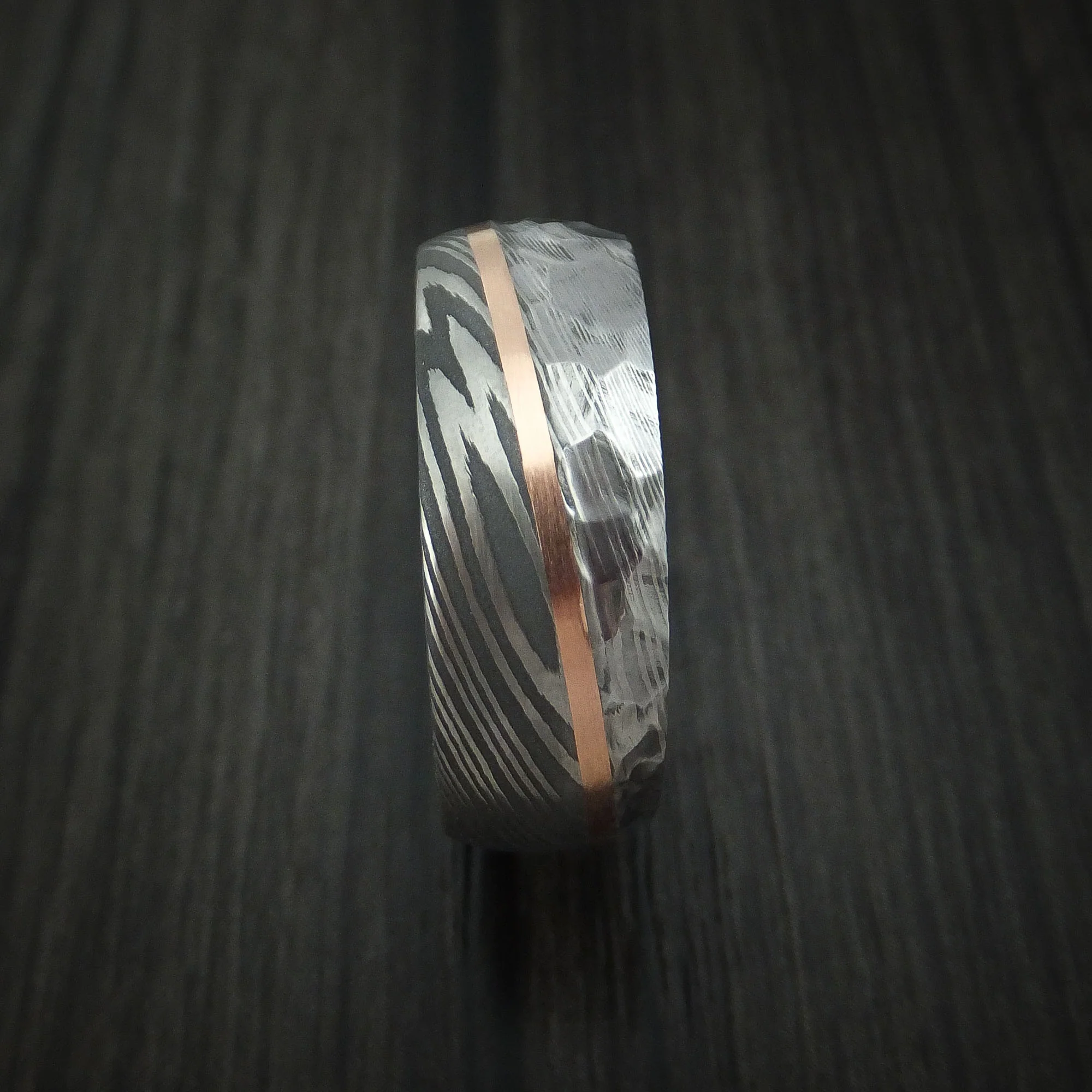 Damascus Steel and Angled 14k Rose Gold Men's Ring with Rock Hammer Finish and Osage Orange Wood Sleeve Custom Made Band - Image 3