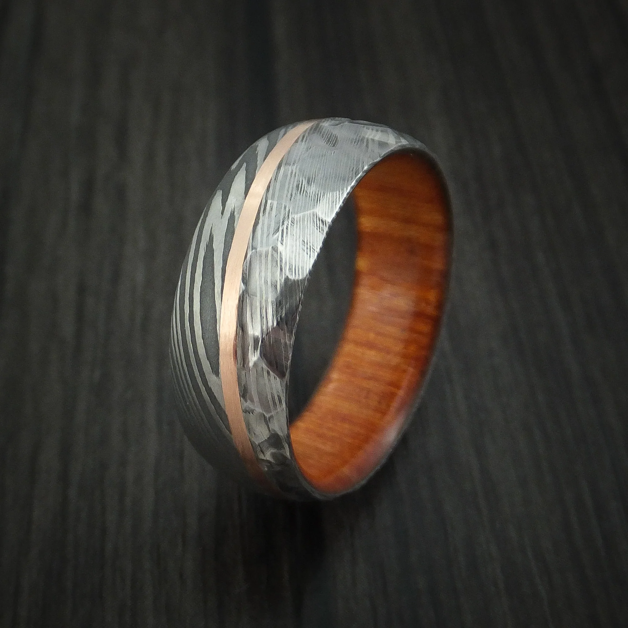 Damascus Steel and Angled 14k Rose Gold Men's Ring with Rock Hammer Finish and Osage Orange Wood Sleeve Custom Made Band - Image 4