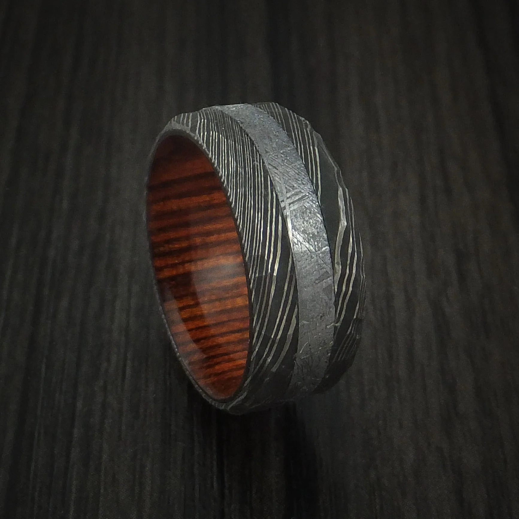 Damascus Steel and Gibeon Meteorite Hammered Men's Ring with Hardwood Sleeve Custom Made Band