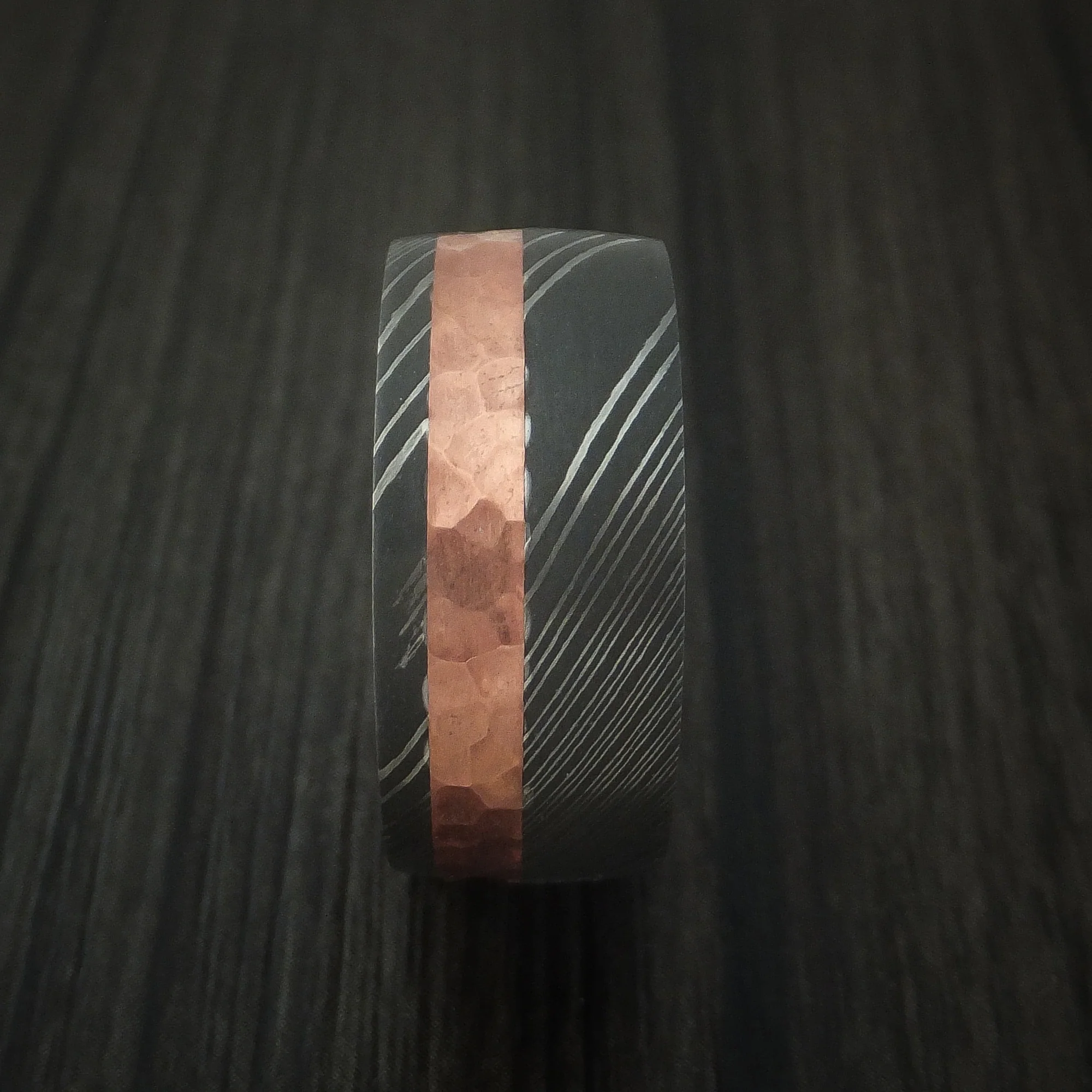 Damascus Steel and Hammered Copper Men's Ring with Cocobolo Hardwood Sleeve Custom Made - Image 3