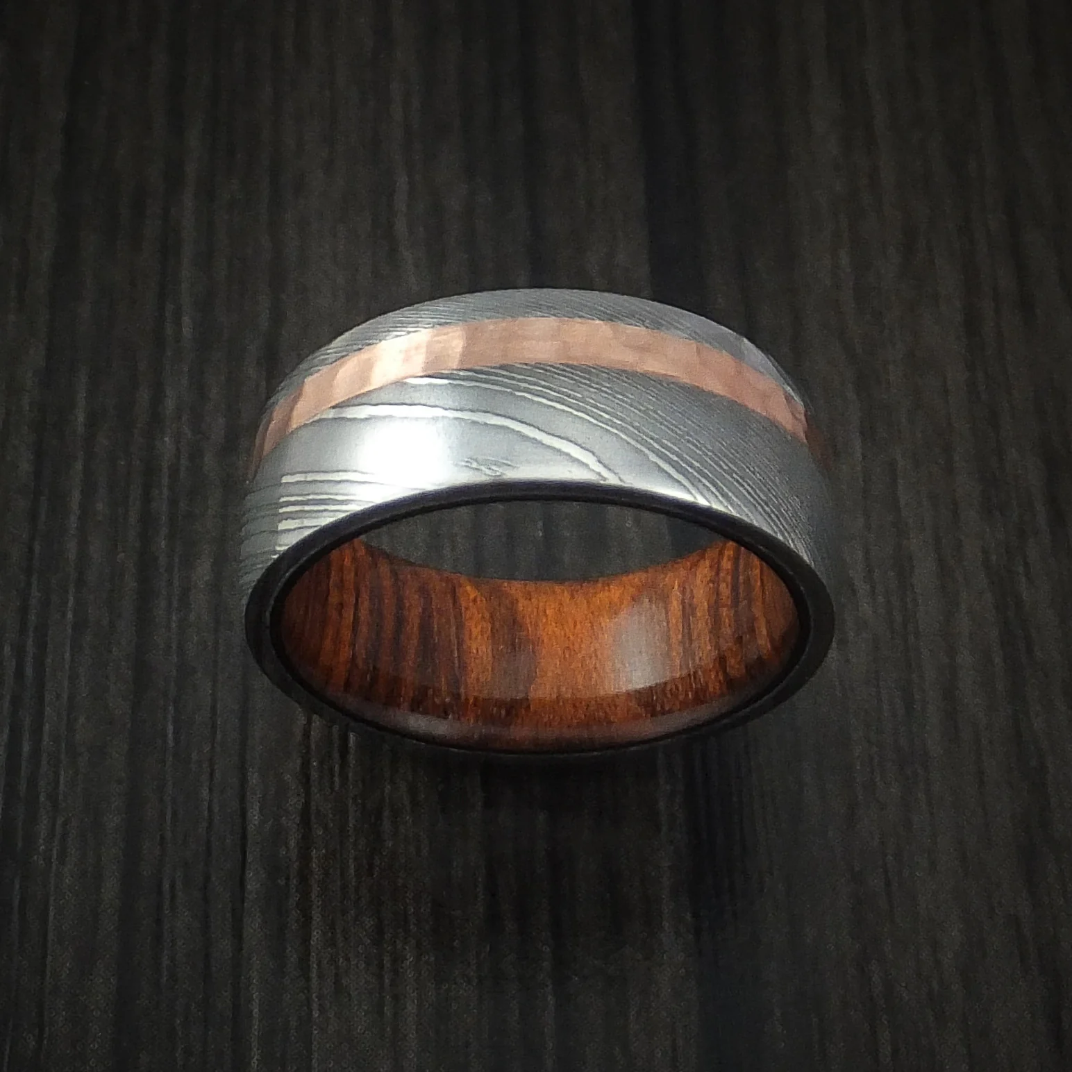 Damascus Steel and Hammered Copper Men's Ring with Hardwood Sleeve Custom Made - Image 2