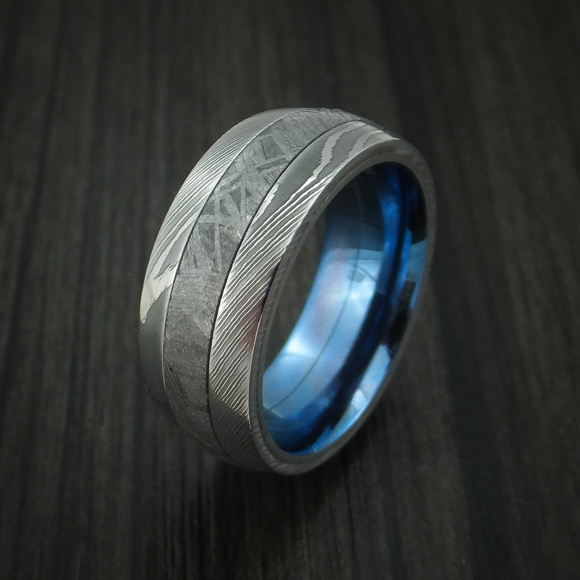Damascus Steel and Meteorite Men's Ring with Anodized Titanium Sleeve Custom Made - Image 4