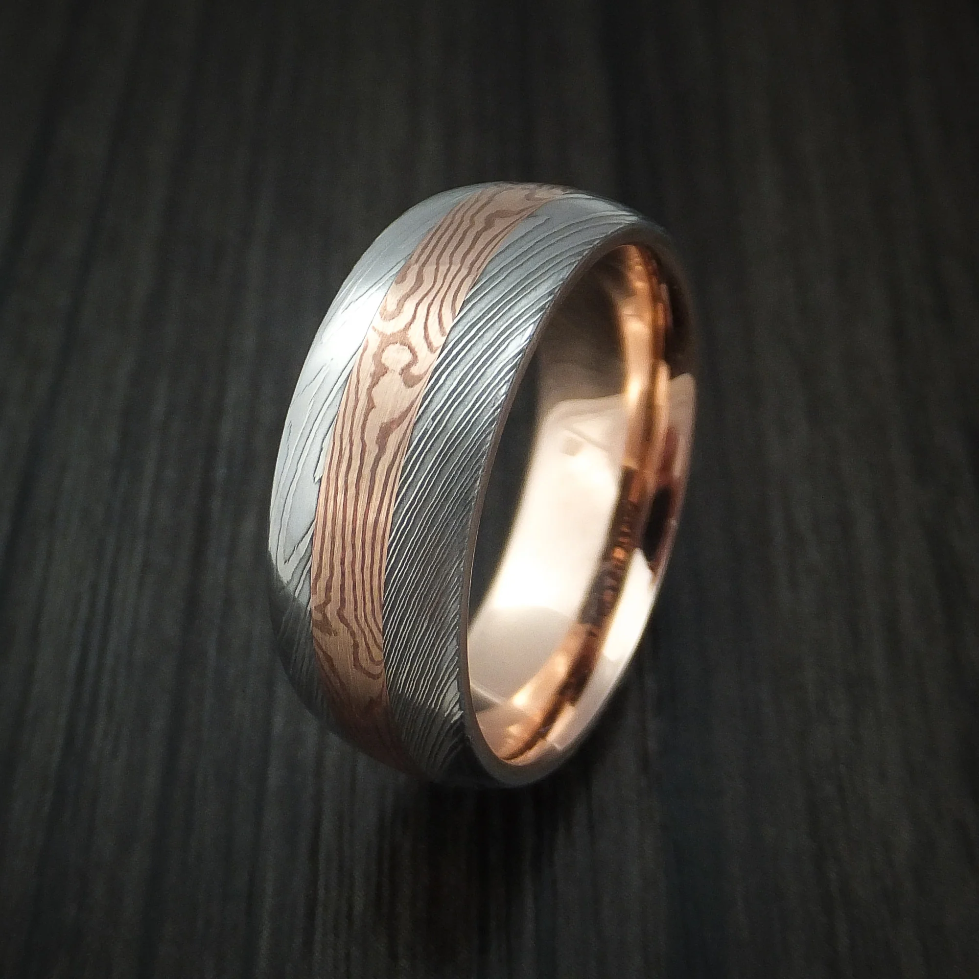 Damascus Steel and Mokume Gane Men's Ring with Rose Gold Sleeve Wedding Band Custom Made - Image 4