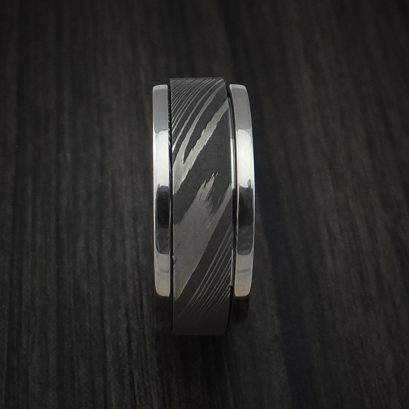 Damascus Steel and Titanium Spinner Men's Ring Custom Made Band - Image 3