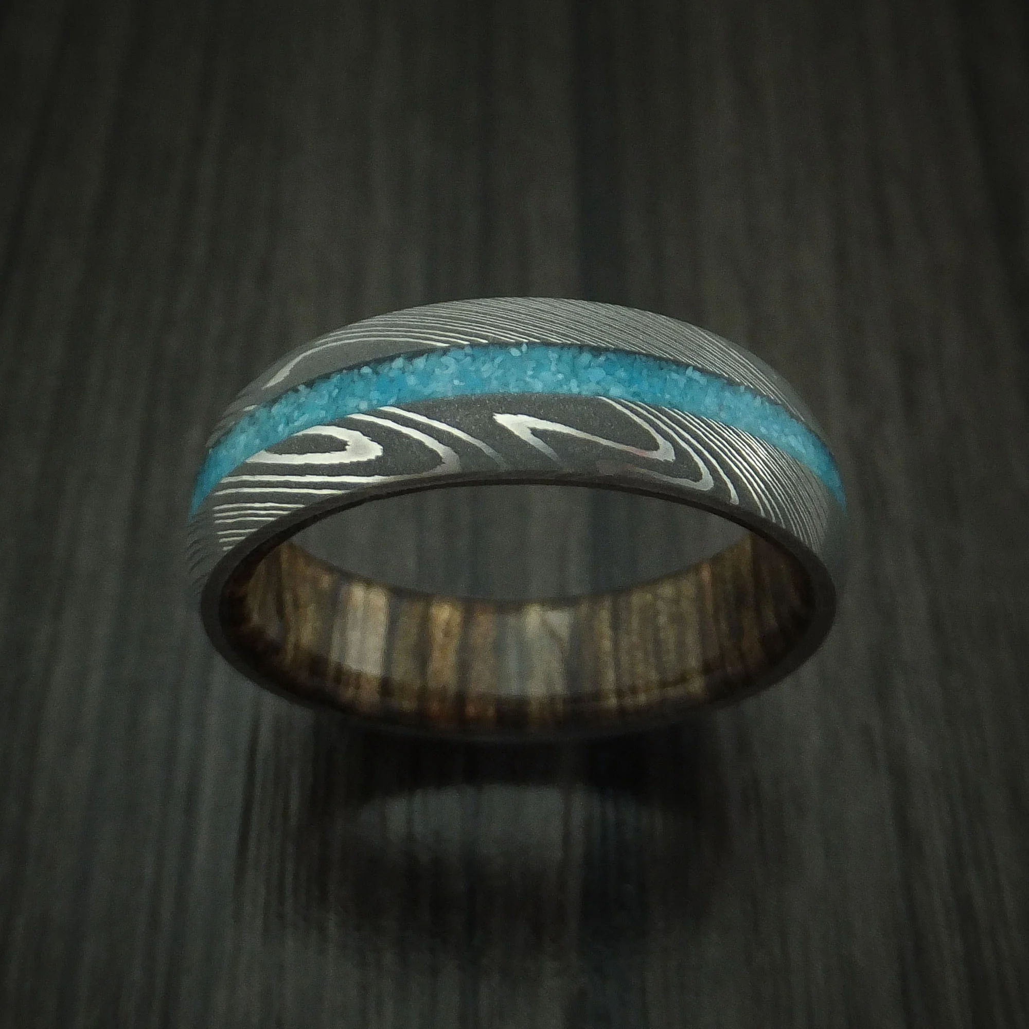 Damascus Steel and Turquoise Band with Wood Sleeve Custom Made Men's Ring - Image 2