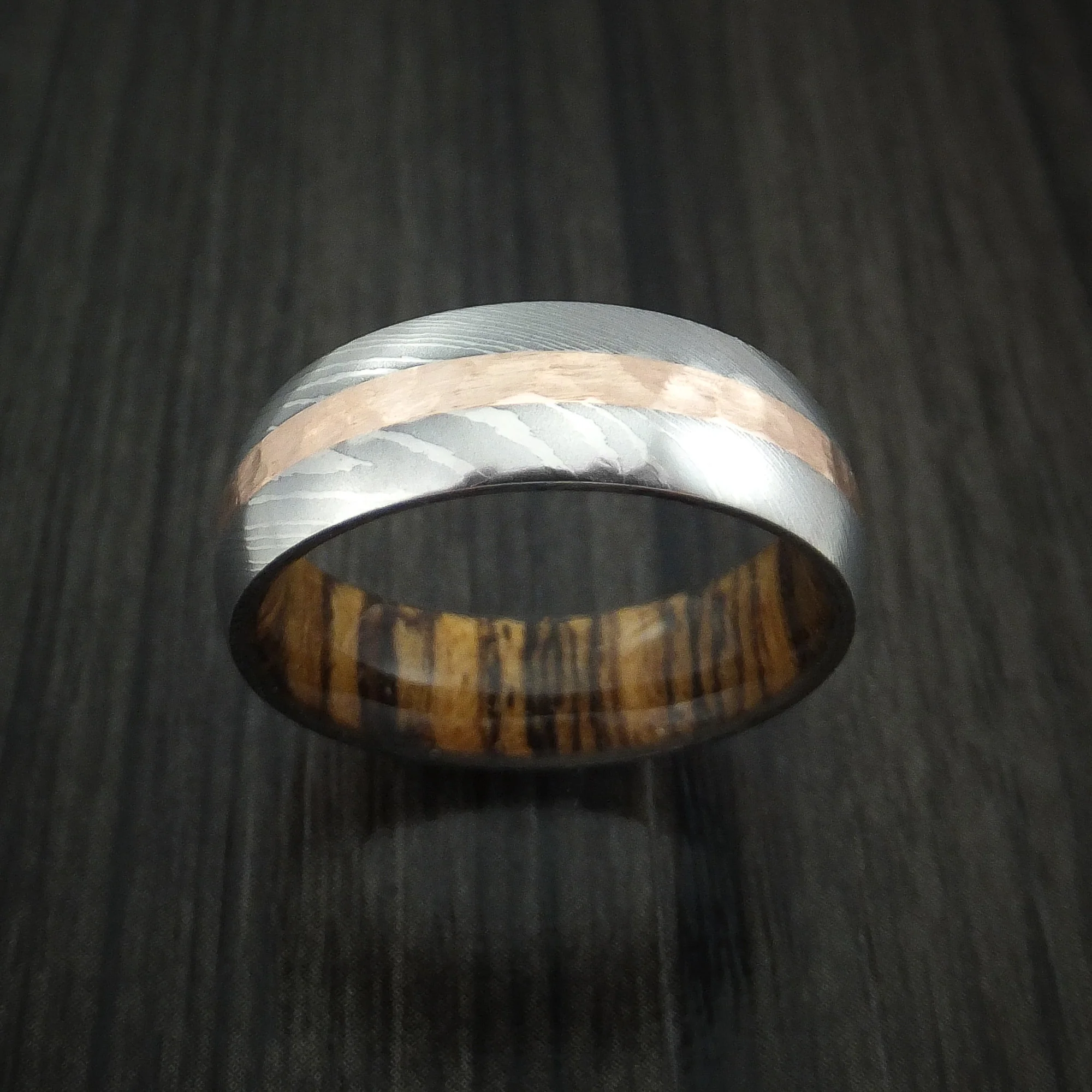 Damascus Steel Men's Band with Hammered 14k Rose Gold and Bocote Wood Sleeve Custom Made - Image 2