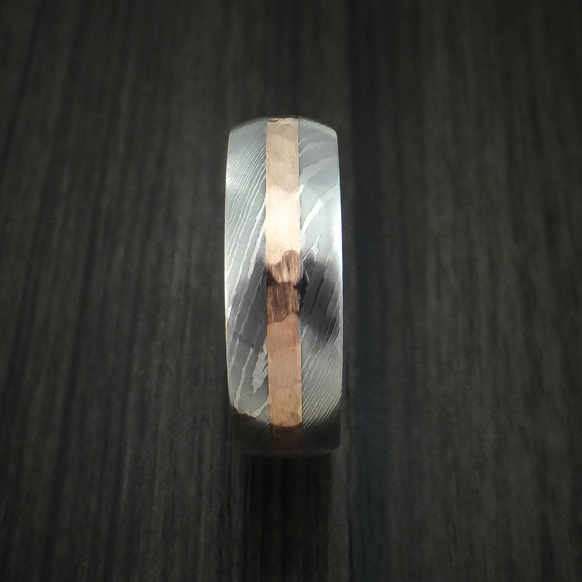 Damascus Steel Men's Band with Hammered 14k Rose Gold and Bocote Wood Sleeve Custom Made - Image 3