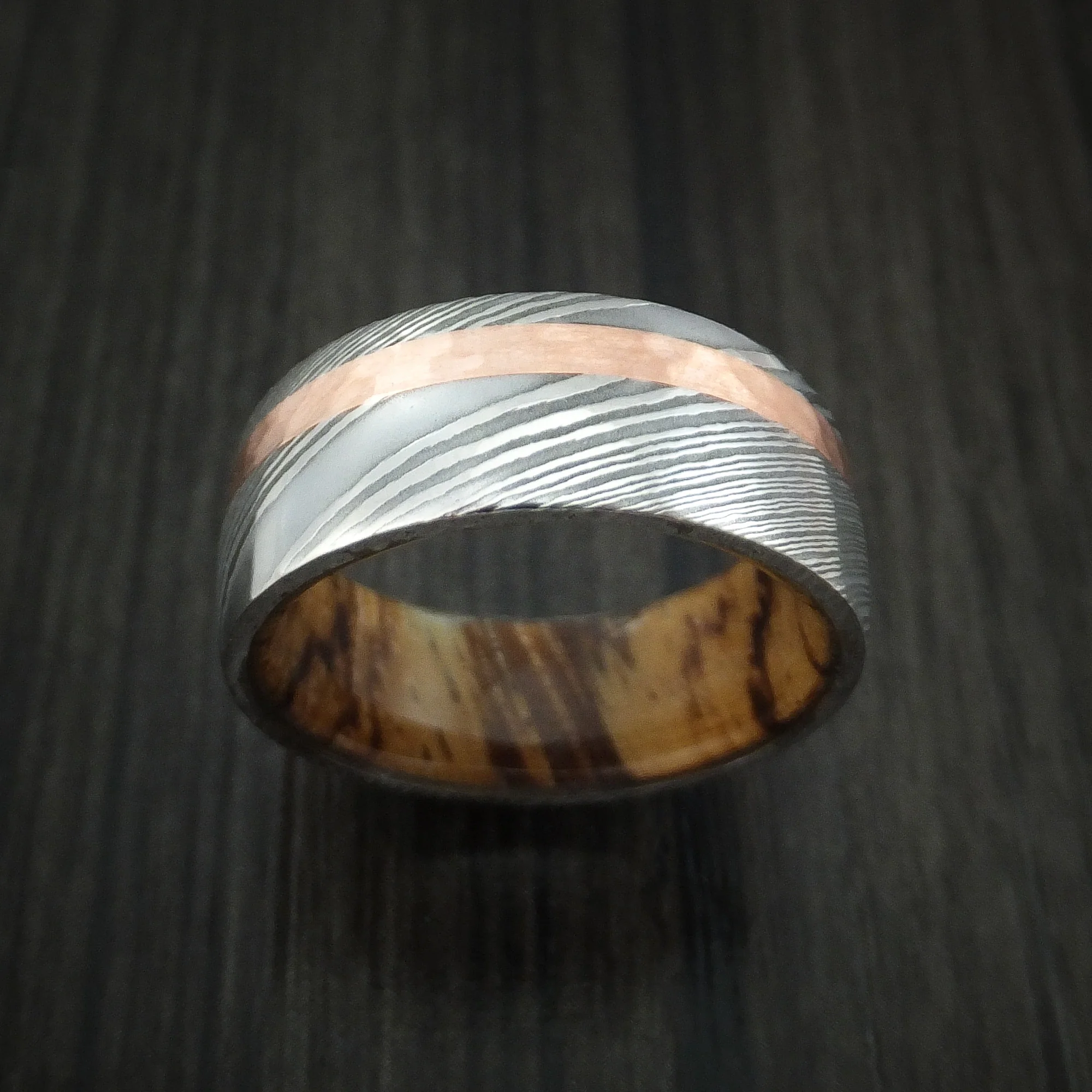 Damascus Steel Men's Band with Hammered 14k Rose Gold and Zebrawood Wood Sleeve Custom Made - Image 2