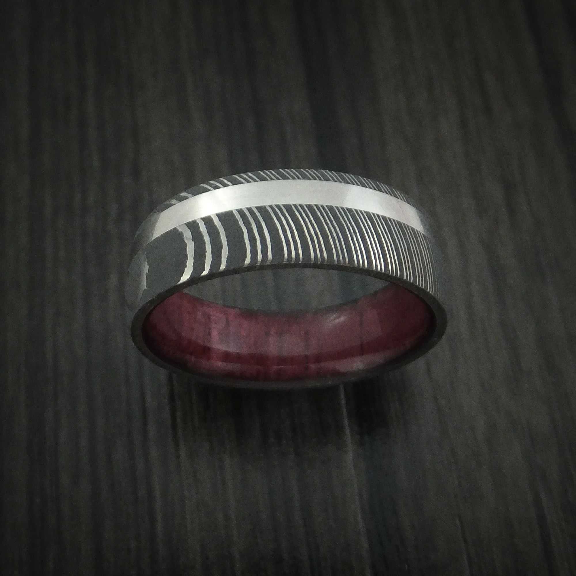 Damascus Steel Men's Band with Platinum and Purple Heart Wood Sleeve Custom Made - Image 2