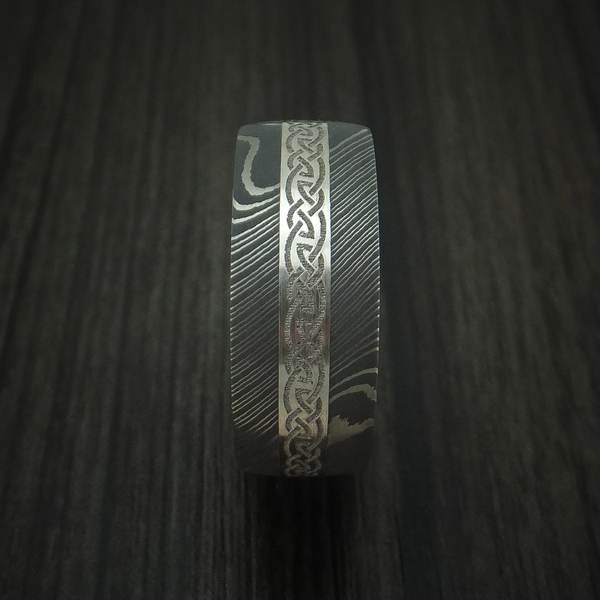 Damascus Steel Celtic Men's Ring With Platinum Inlay And Wood Sleeve Custom Made Band - Image 3