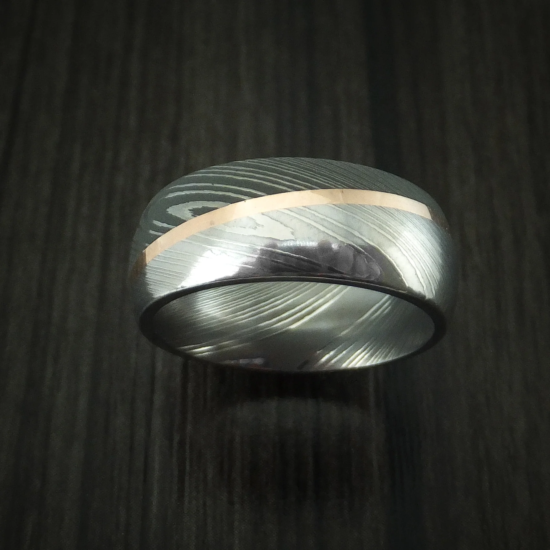 Damascus Steel Diagonal 14K Rose Gold Men's Ring Wedding Band Custom Made - Image 2