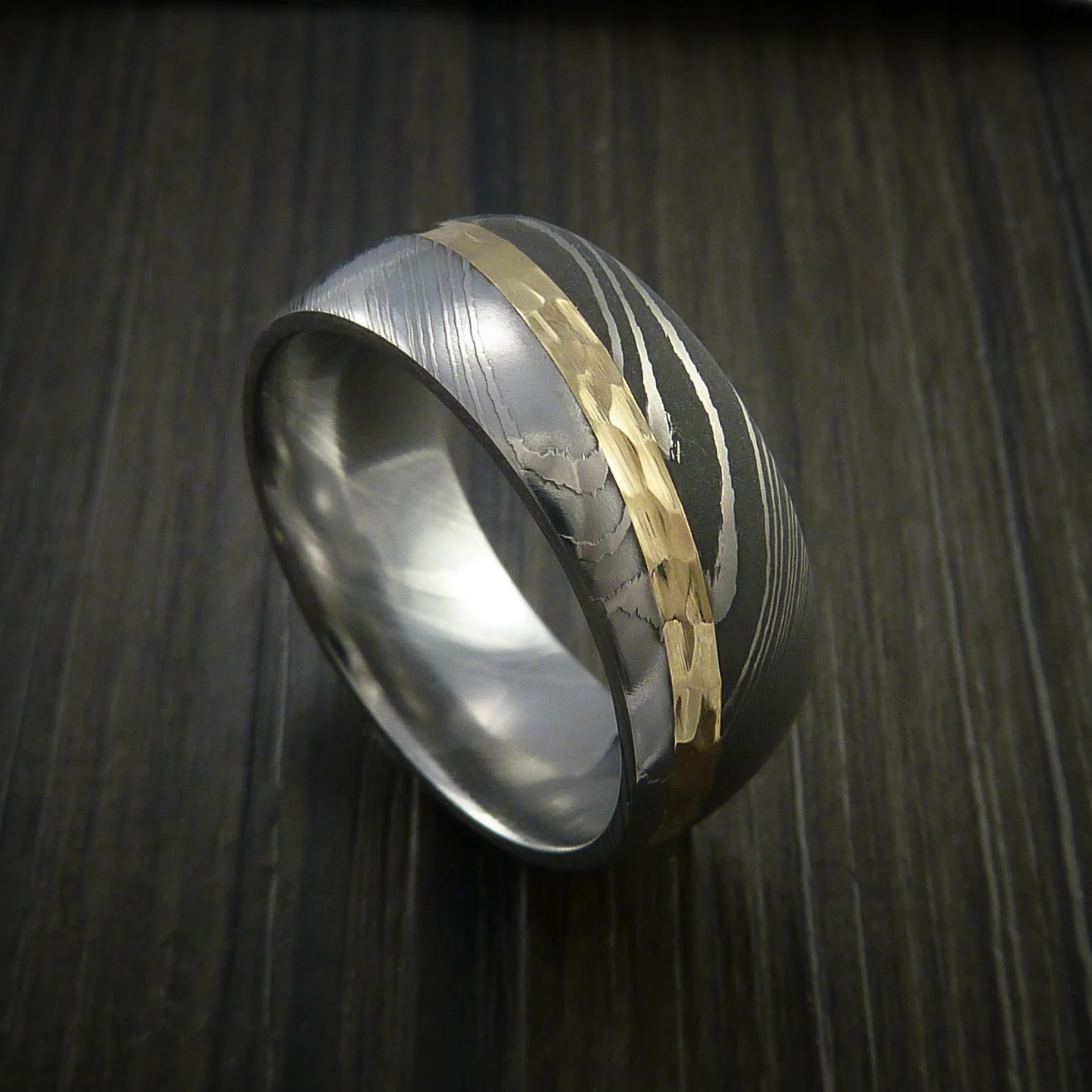Damascus Steel Diagonal 14K Yellow Gold Men's Ring Wedding Band Custom Made - Image 2