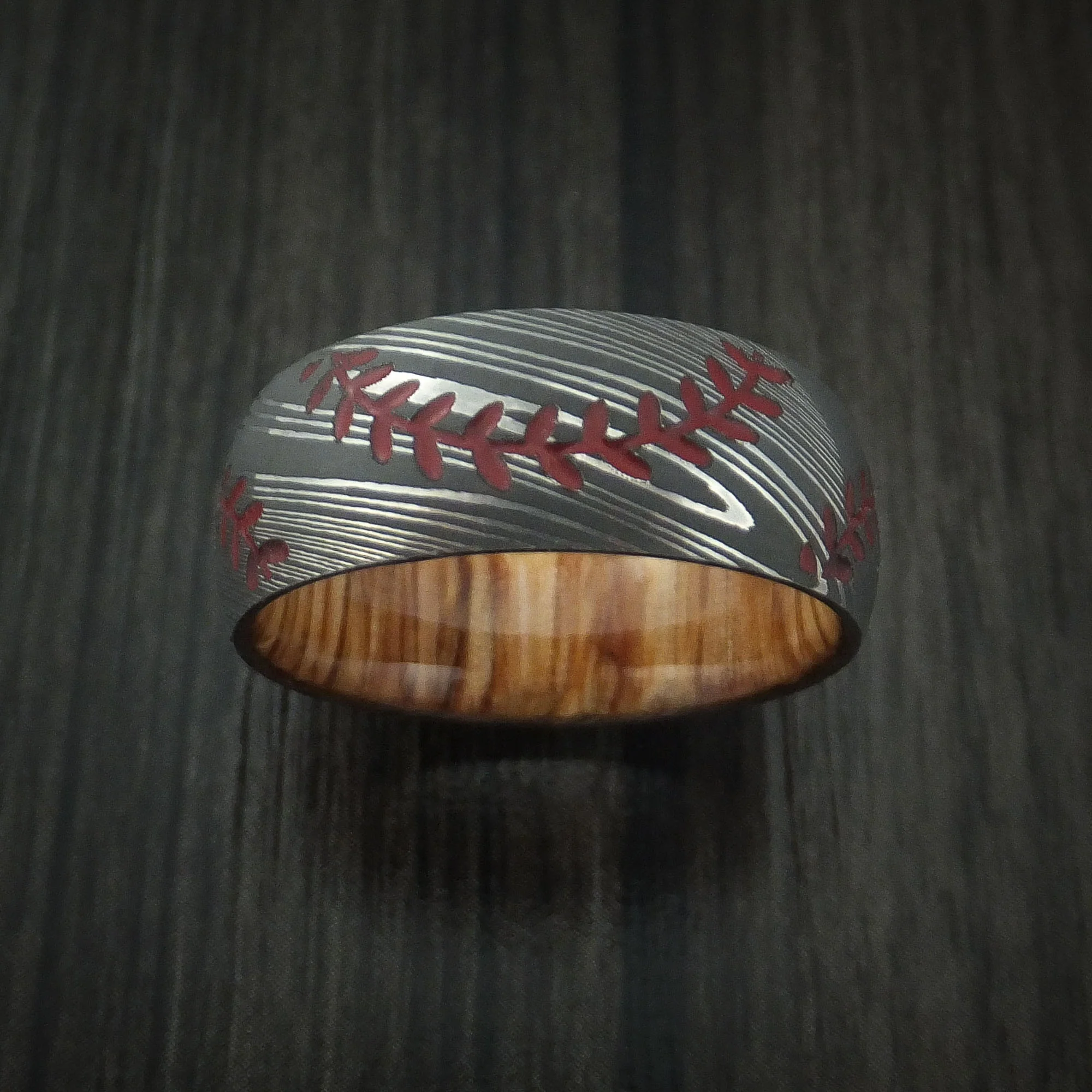 Damascus Steel Double Stitch Baseball Men's Ring with Custom Color and Hardwood Sleeve - Image 3
