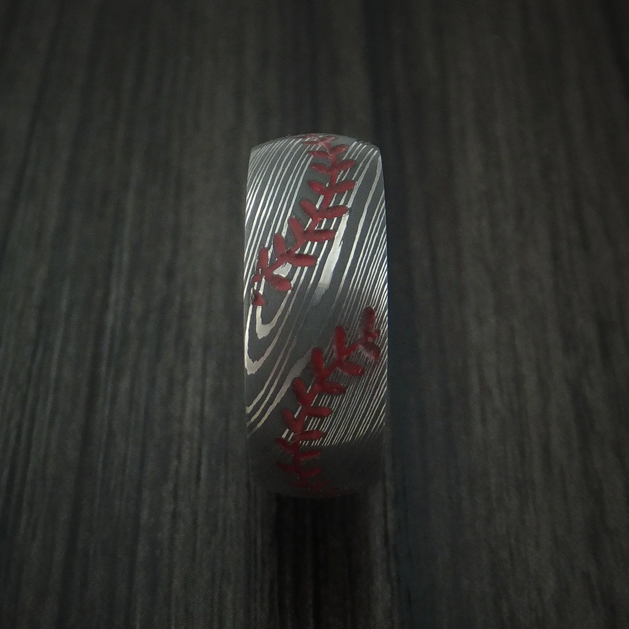 Damascus Steel Double Stitch Baseball Men's Ring with Custom Color and Hardwood Sleeve - Image 4