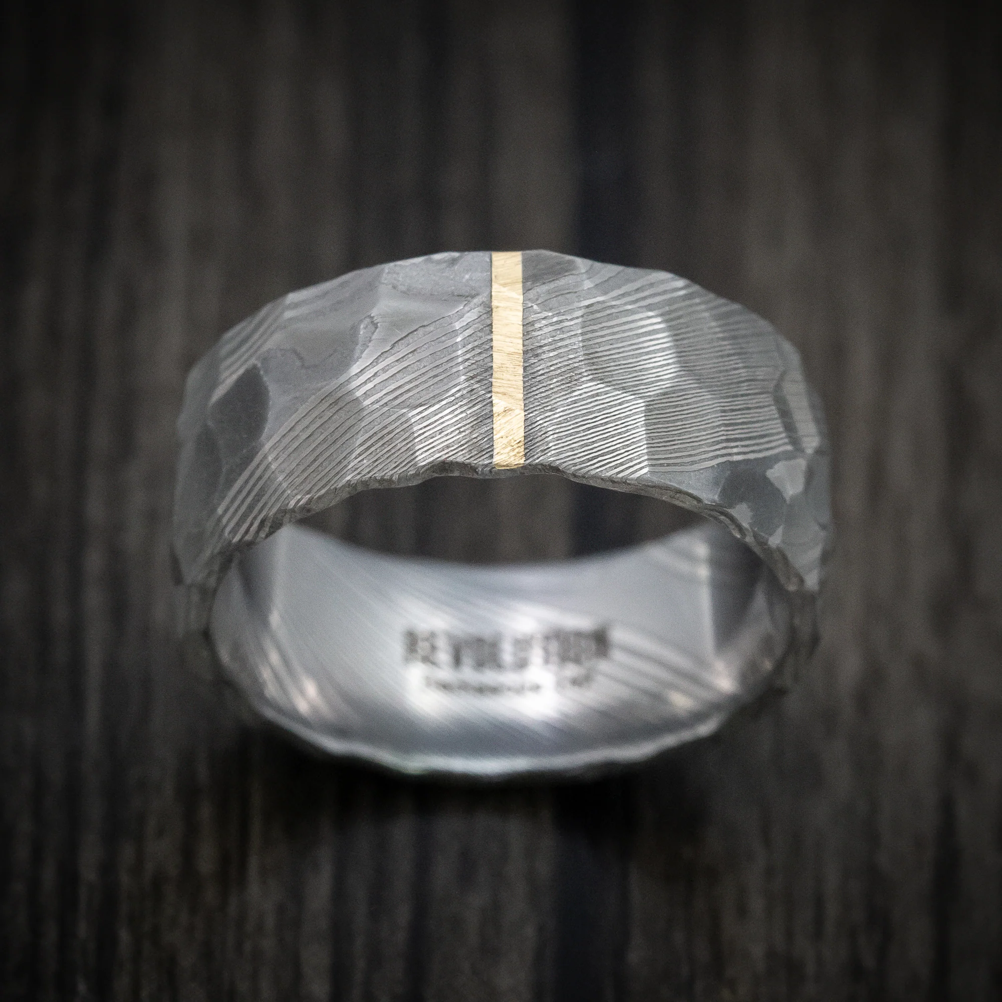 Damascus Steel Men's Ring With Rock Hammer Finish And Vertical 14k Gold Inlay Custom Made Band - Image 2