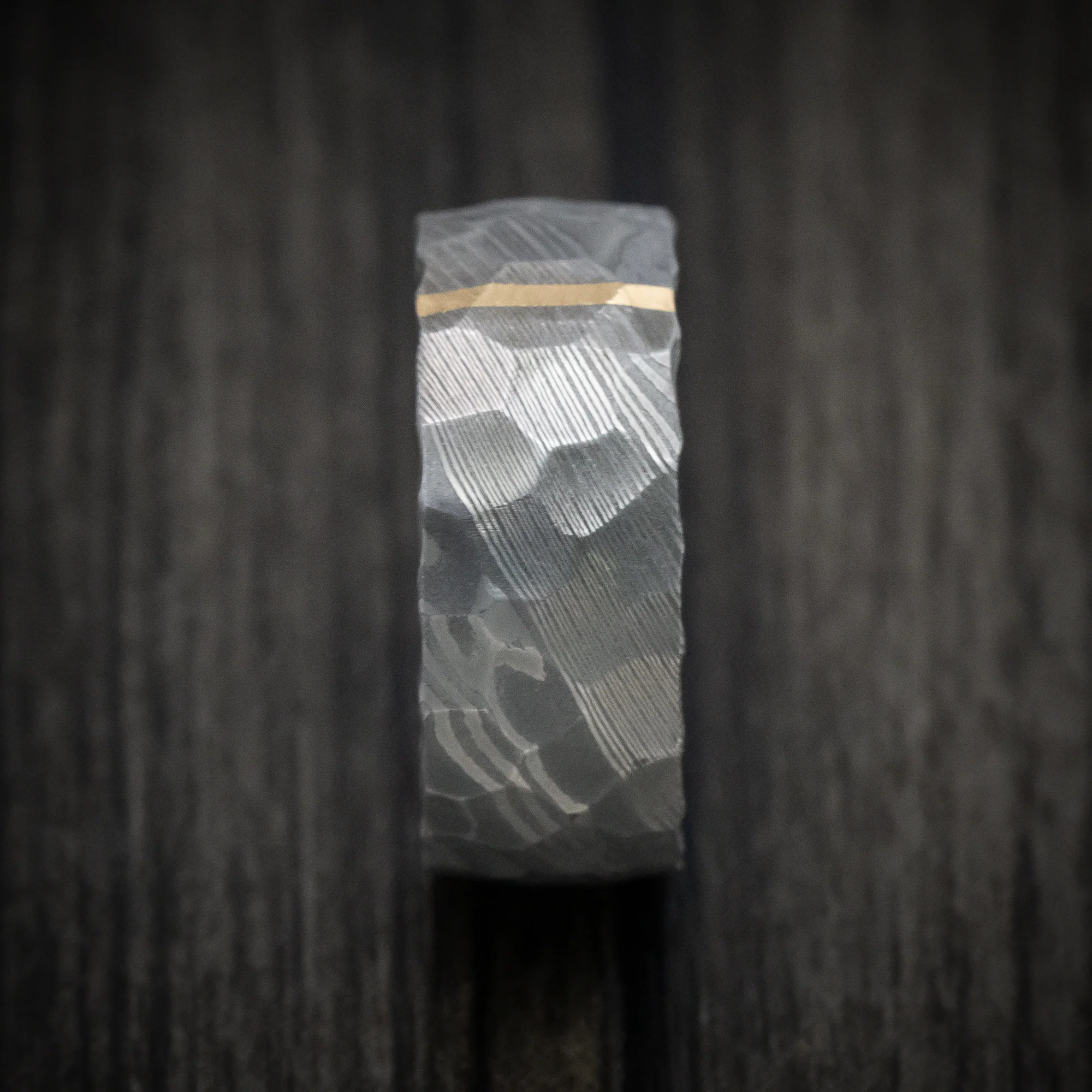 Damascus Steel Men's Ring With Rock Hammer Finish And Vertical 14k Gold Inlay Custom Made Band - Image 3
