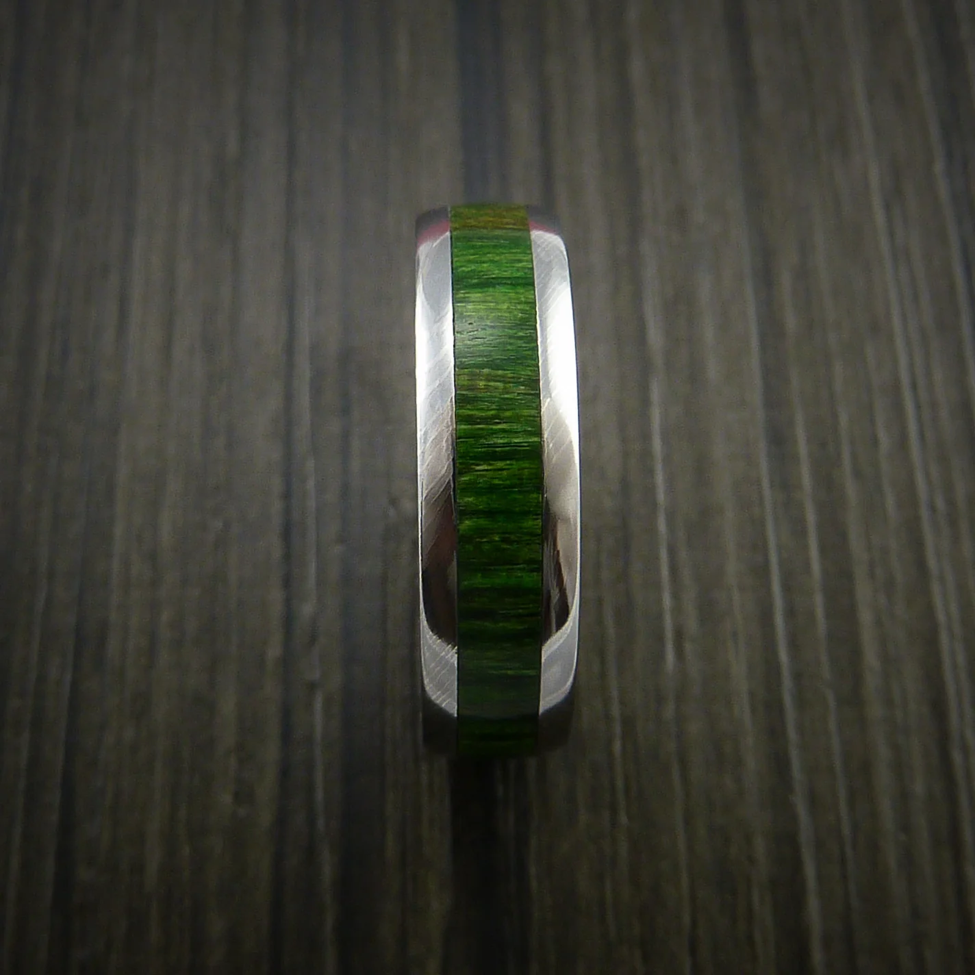 Damascus Steel Men's Ring Inlaid with Jade Hard Wood Custom Made - Image 3