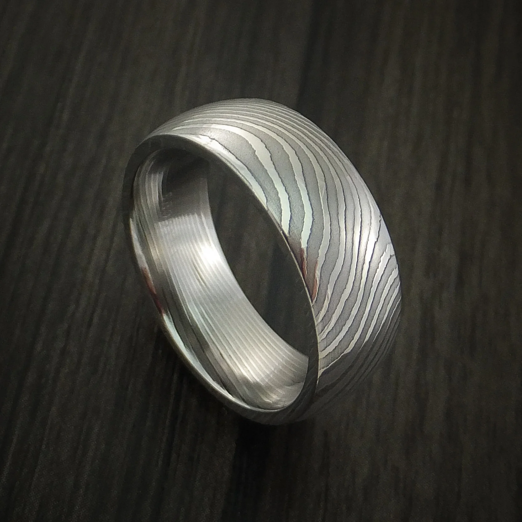 Flat Twist Damascus Steel Men's Ring Stripe Pattern Wedding Band